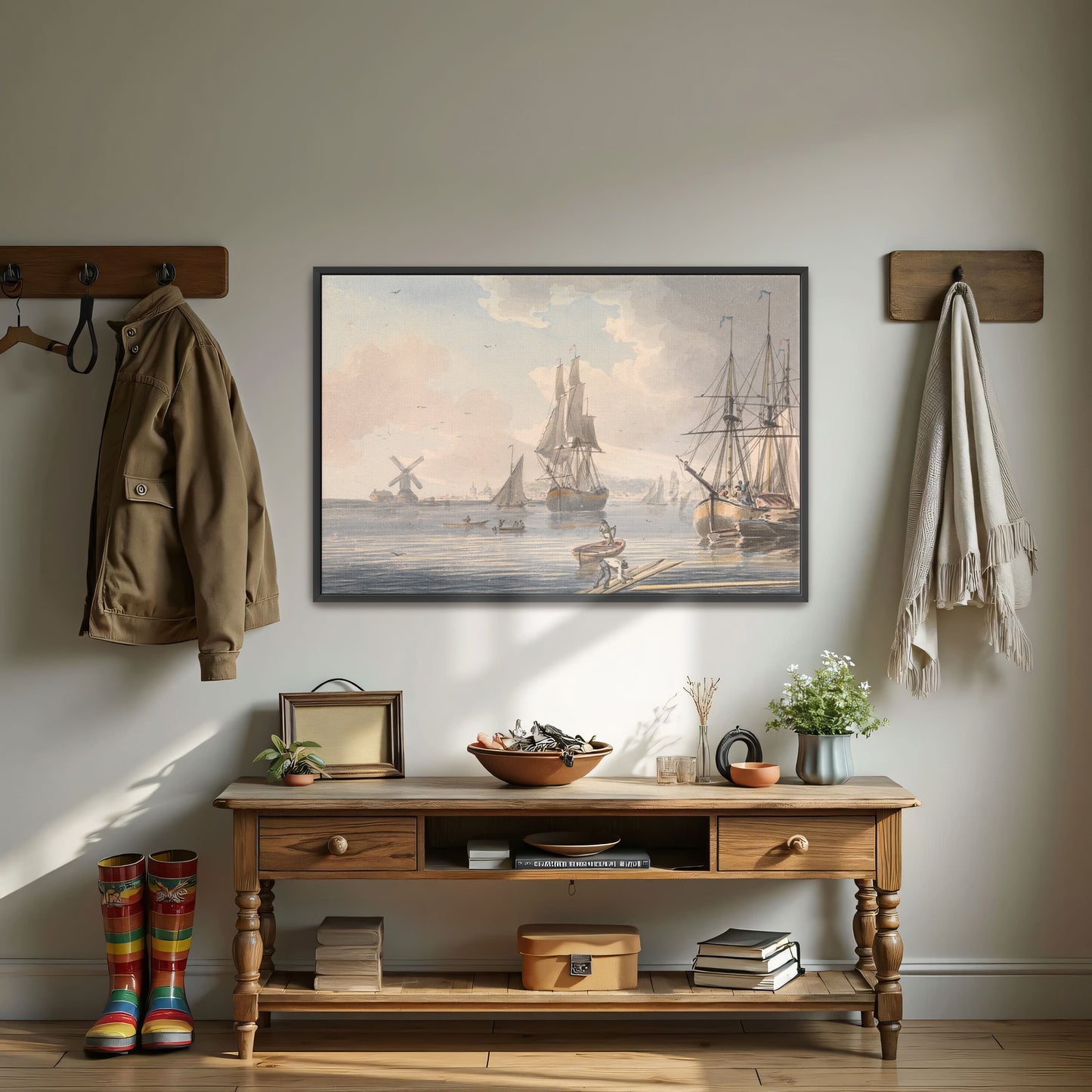 Ships At Anchor In A Harbor With A Windmill By John Cleveley The Younger