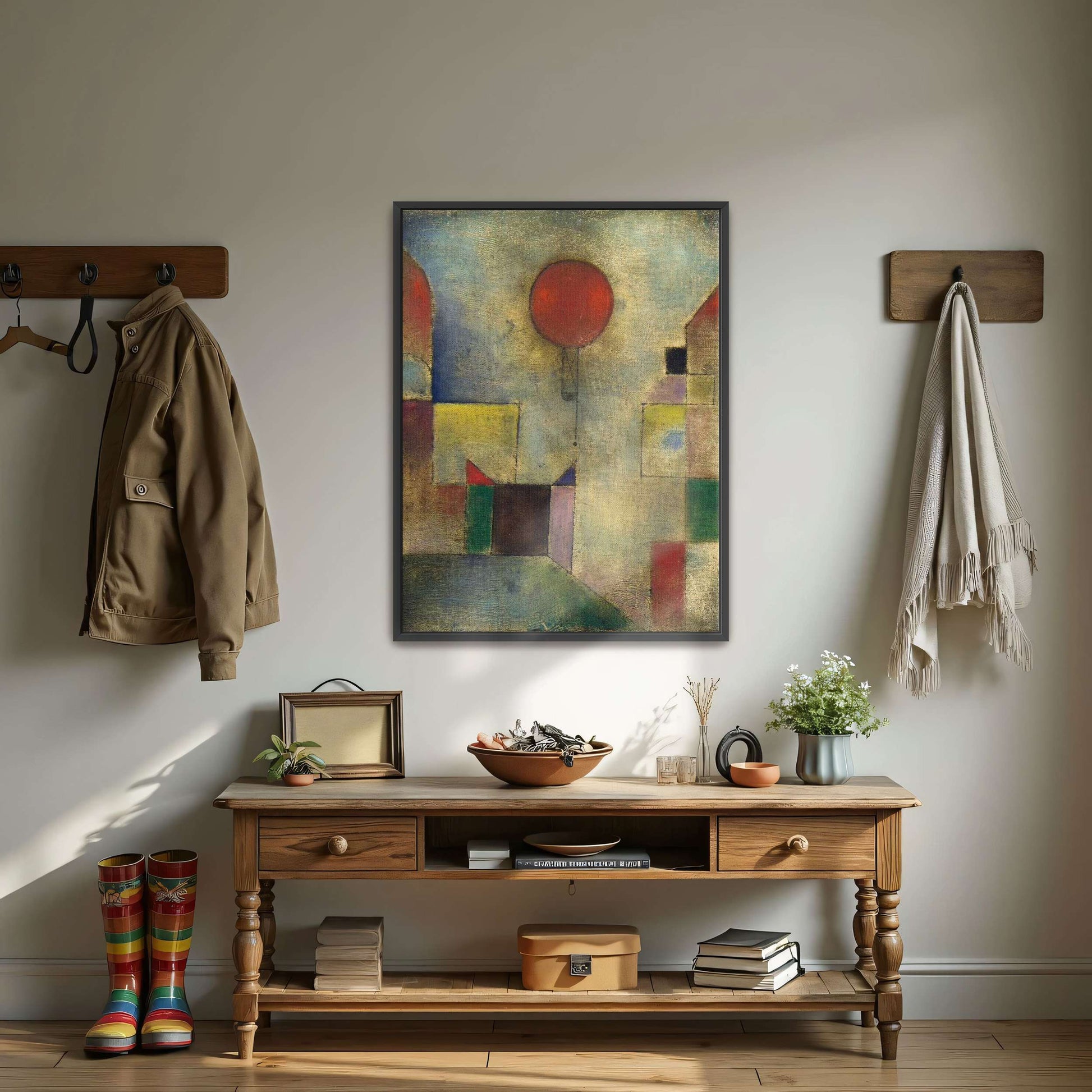 Red balloon floating above geometric shapes by Paul Klee