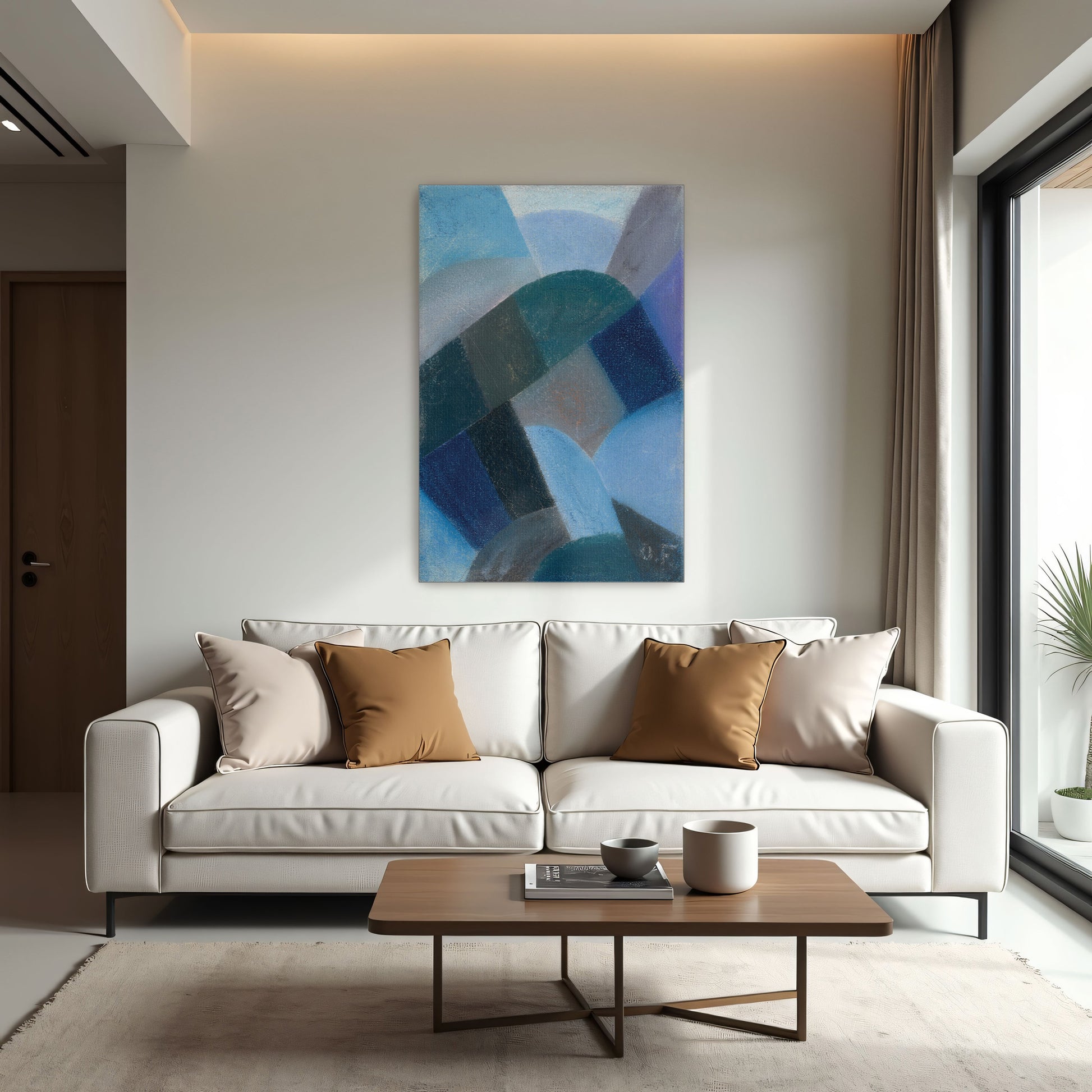 Abstract Geometric Composition In Shades Of Blue, Green, And Gray By Otto Freundlich