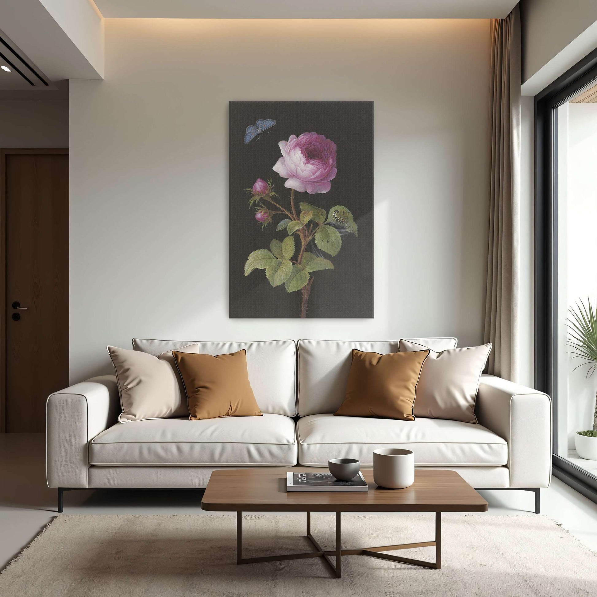 Pink rose, butterfly, caterpillar by Elisabeth Christina Matthes
