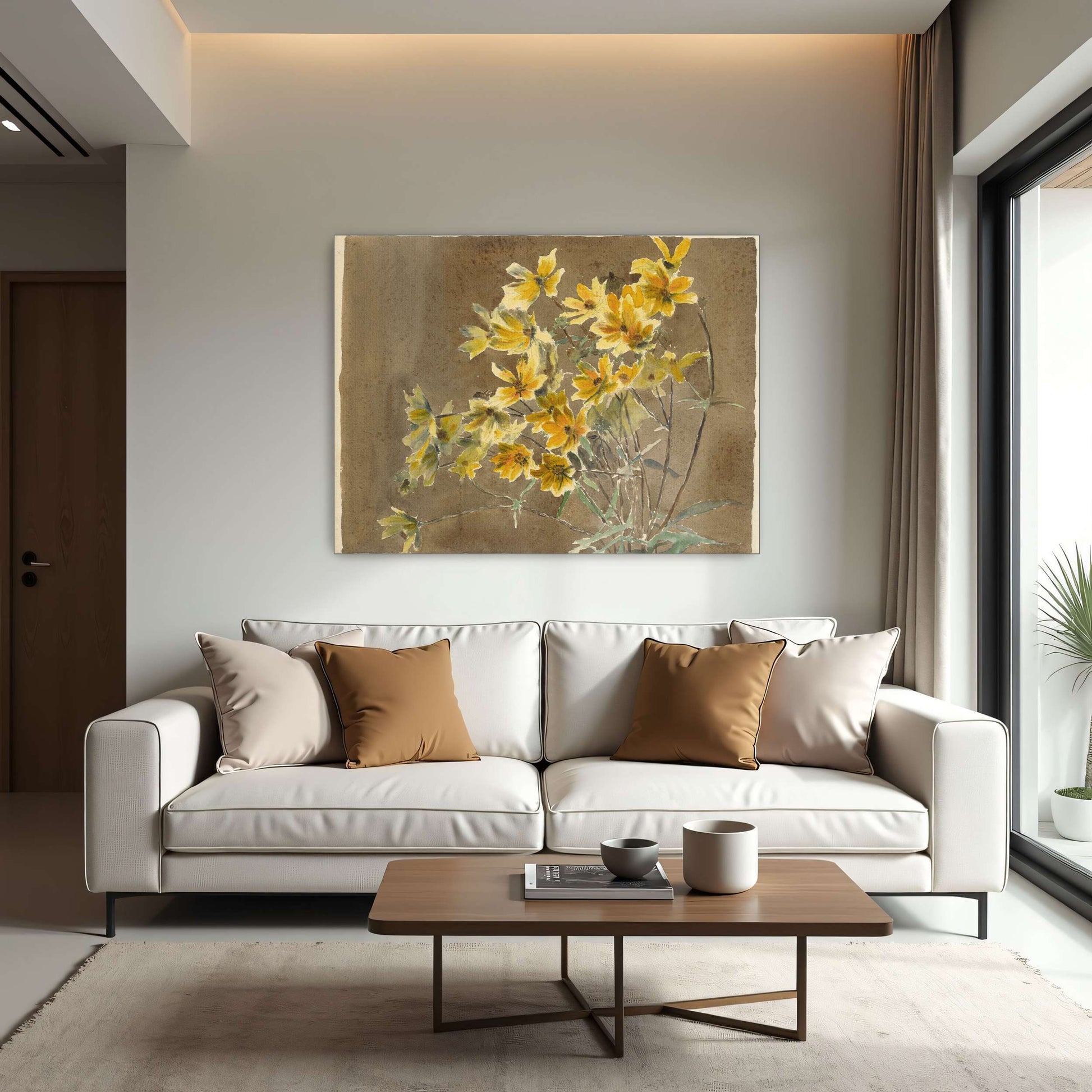 Yellow flowers on brown background by Hannah Borger Overbeck