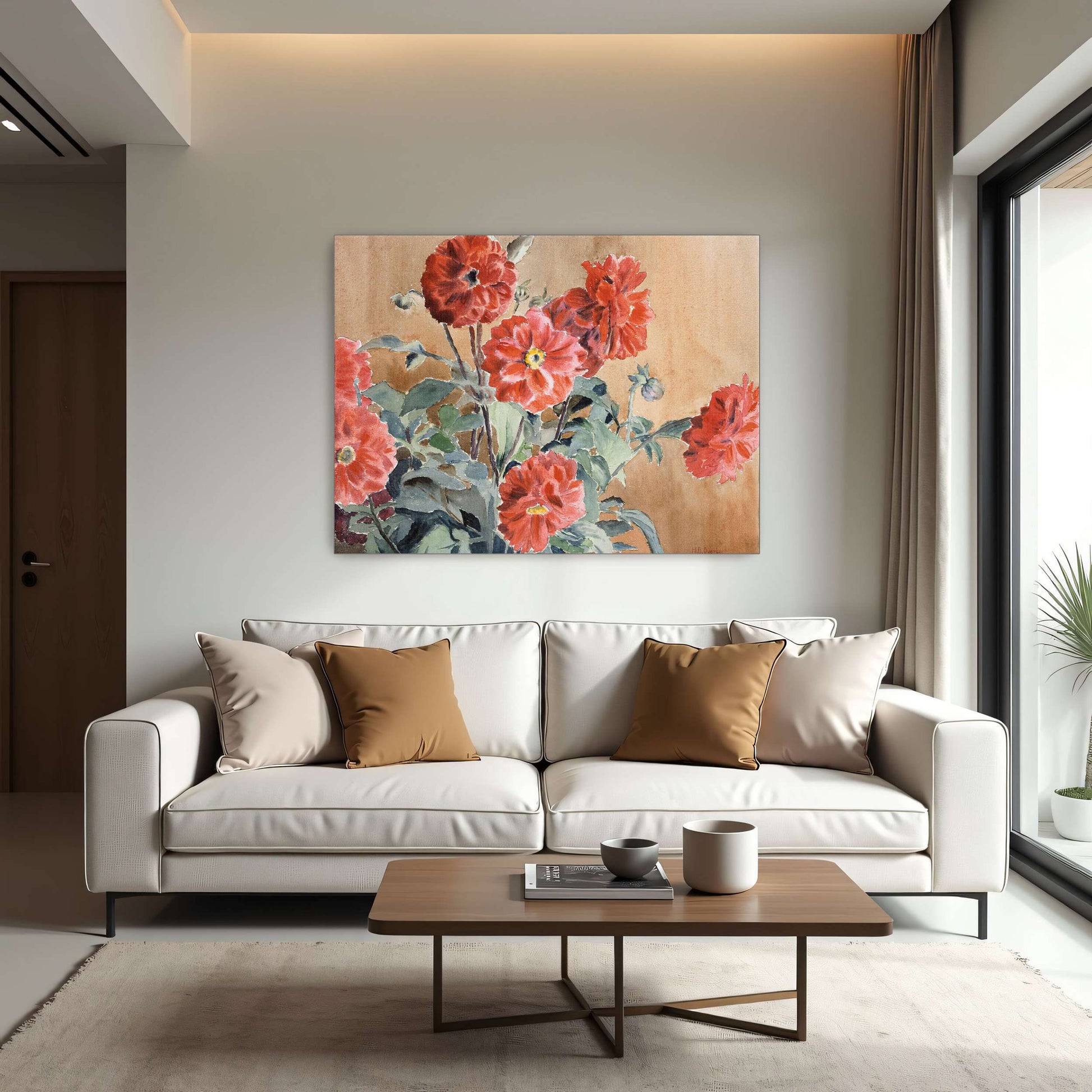 Red dahlias in a vase by Hannah Borger Overbeck