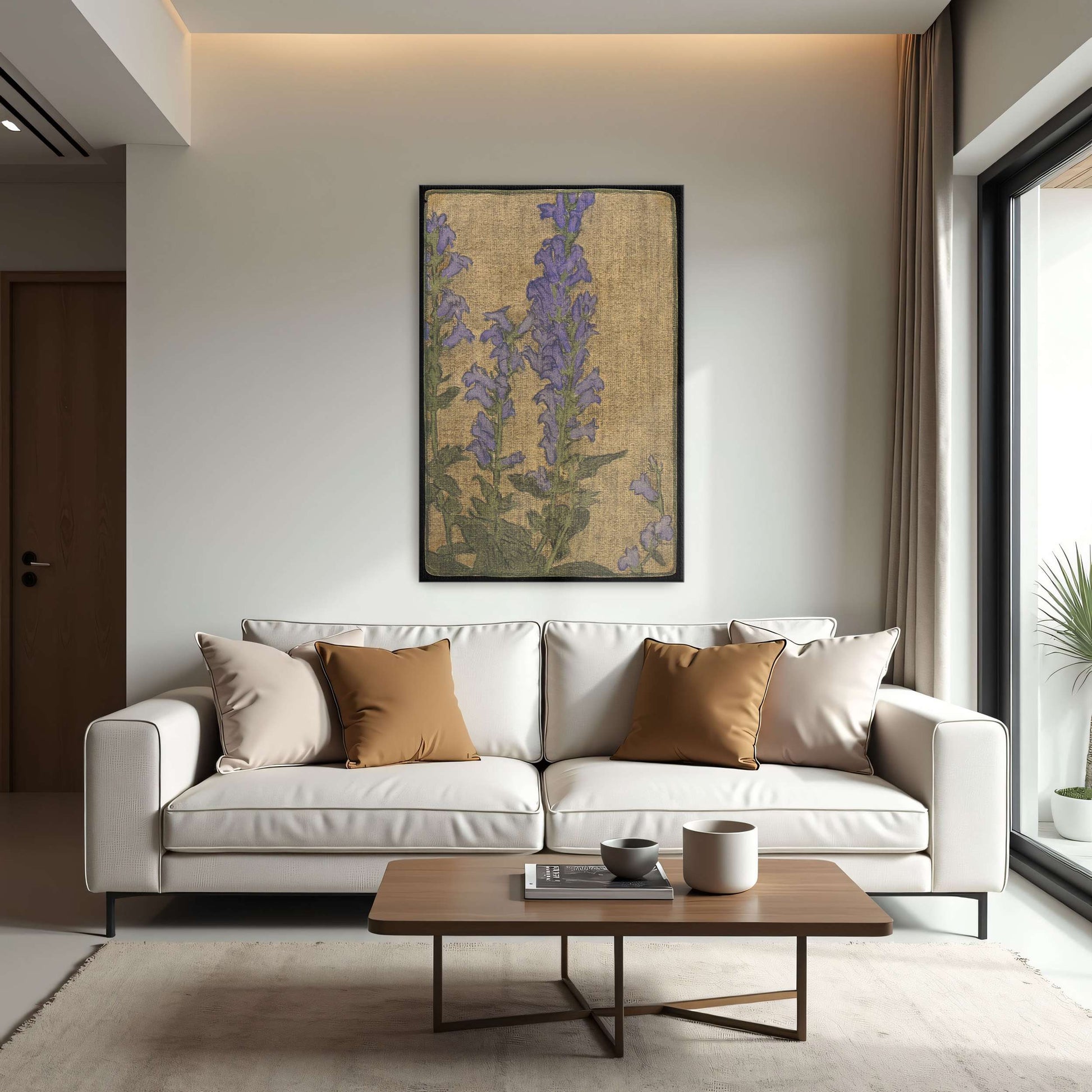 Purple flowers on beige background by Hannah Borger Overbeck