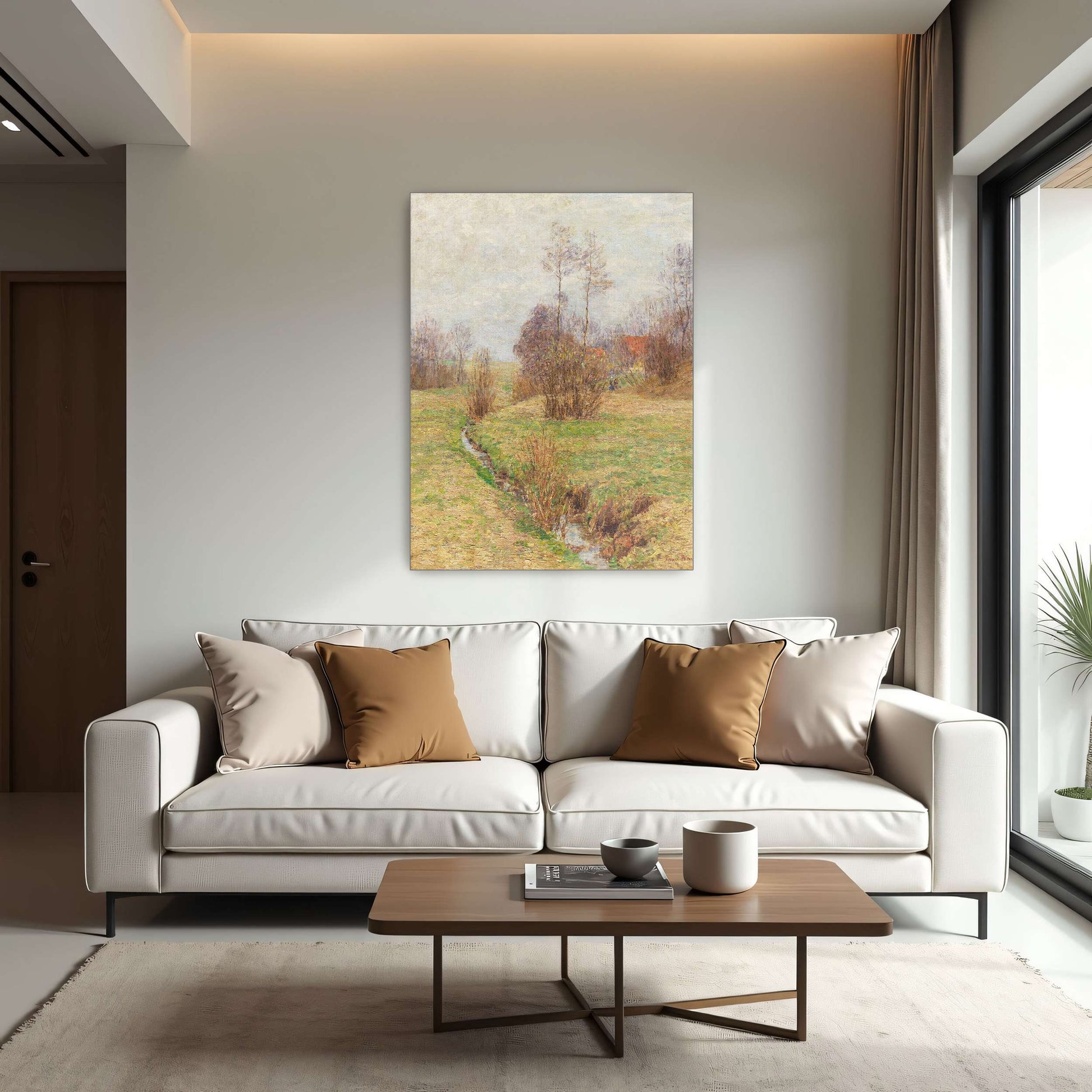 Stream Through Fields, Trees And Cloudy Sky By Paul Baum
