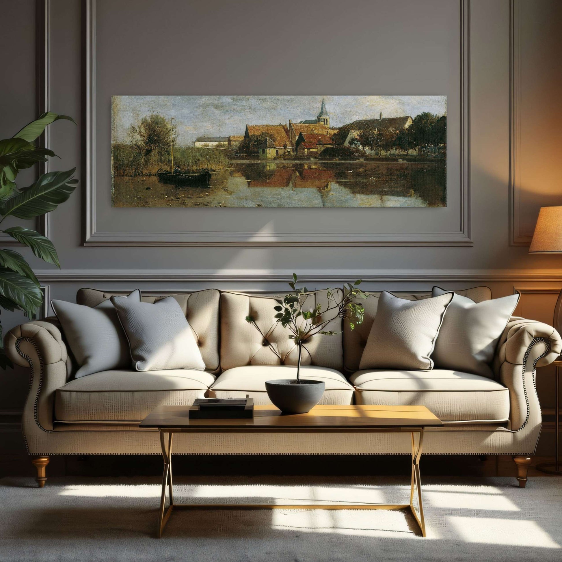 A village by a lake with a boat by Eugen Jettel