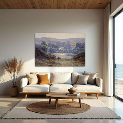 A landscape with a house in a valley by Leonard Ochtman