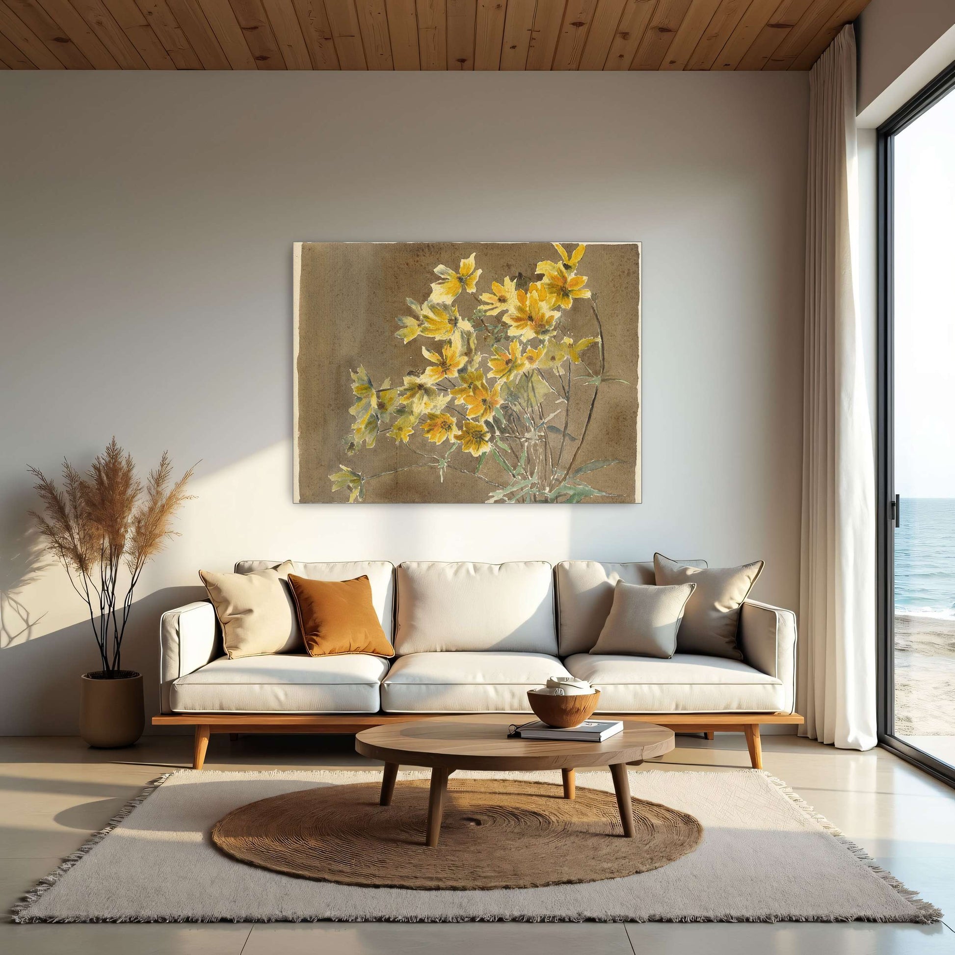 Yellow flowers on brown background by Hannah Borger Overbeck