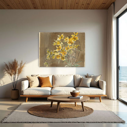 Yellow flowers on brown background by Hannah Borger Overbeck