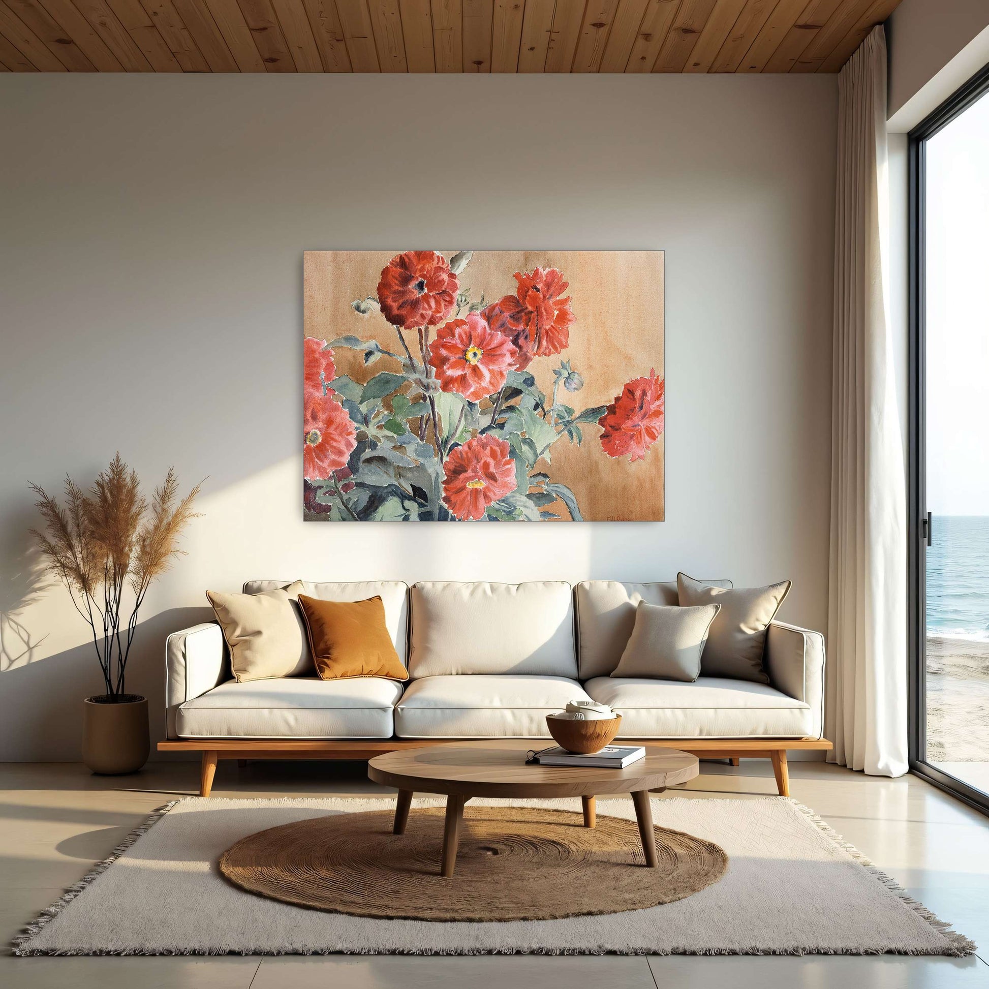 Red dahlias in a vase by Hannah Borger Overbeck