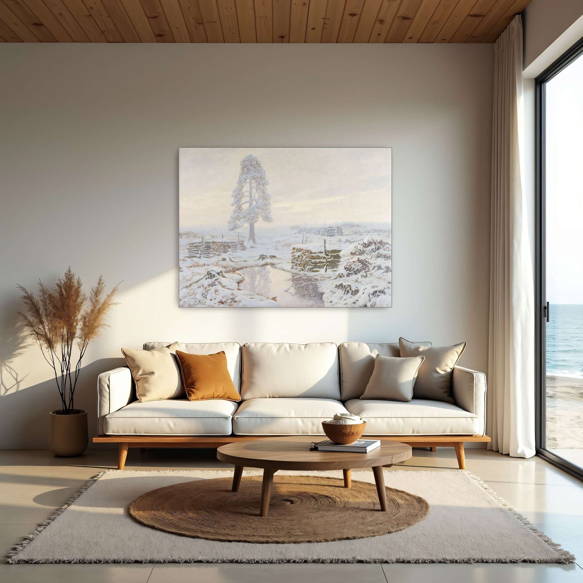 Snowy winter landscape with lone tree by Józef Rapacki