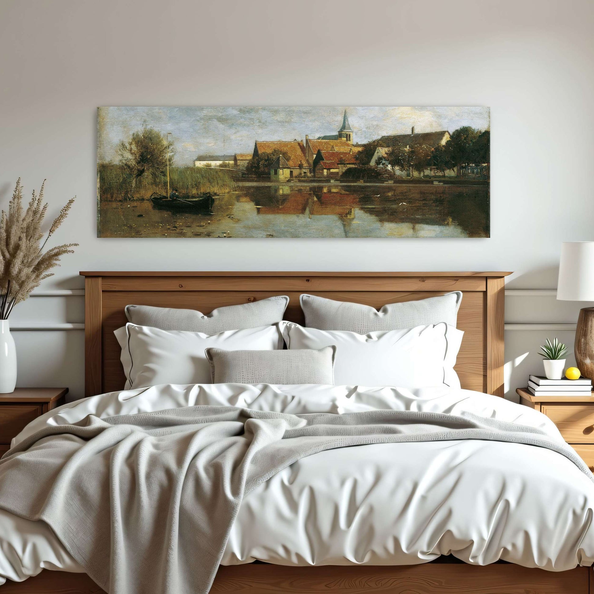 A village by a lake with a boat by Eugen Jettel