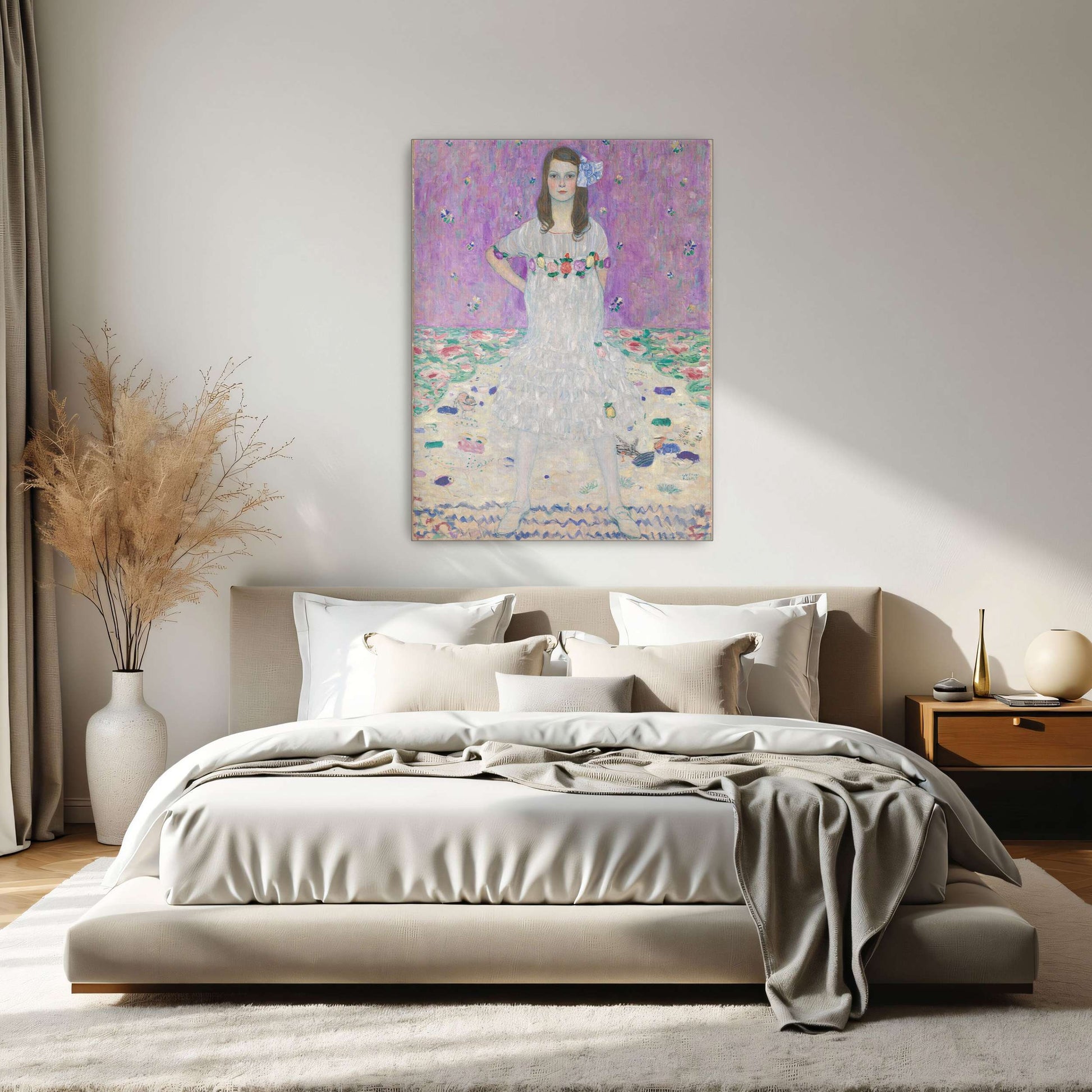 Young girl in white dress, floral background by Gustav Klimt