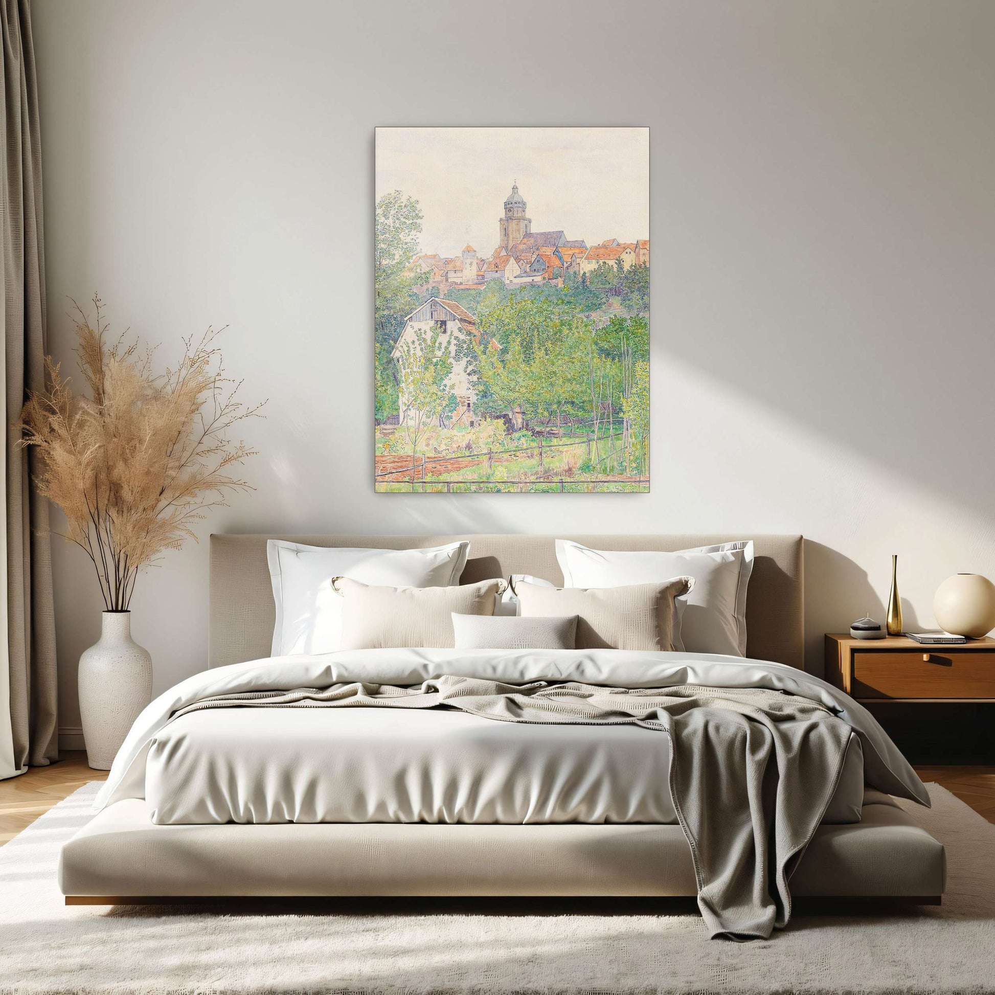 Village landscape with church tower by Paul Baum