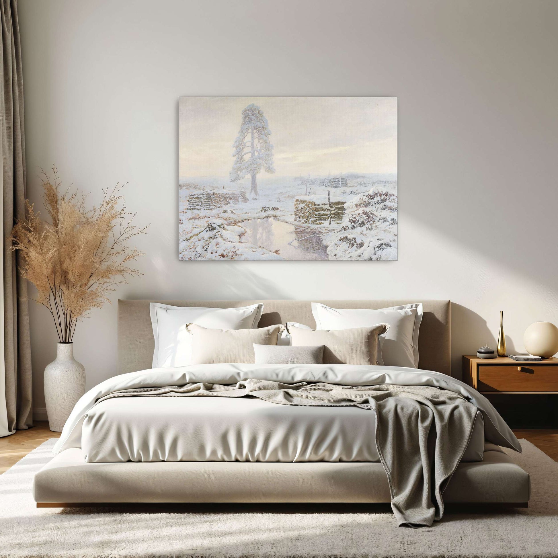 Snowy winter landscape with lone tree by Józef Rapacki