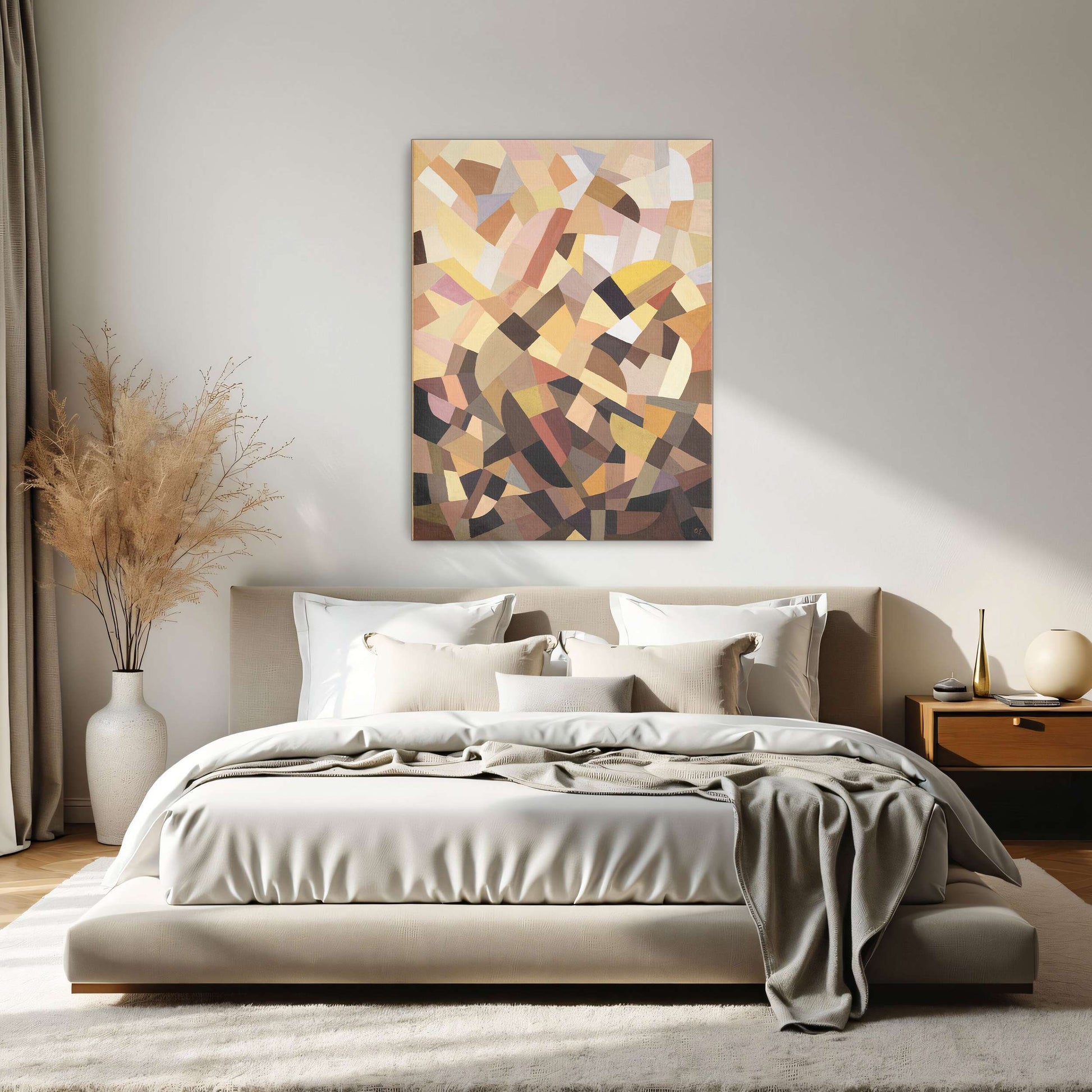 Abstract geometric painting with brown, yellow, and pink shapes by Otto Freundlich