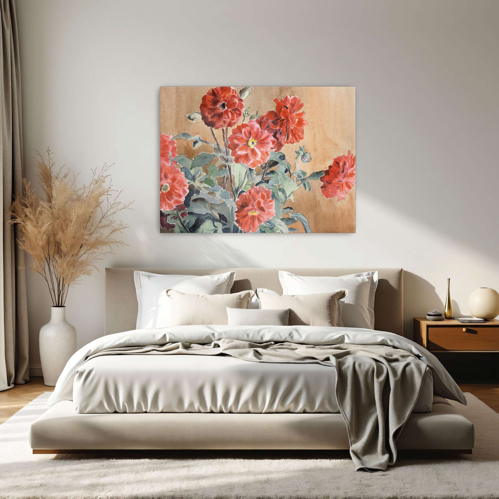 Red dahlias in a vase by Hannah Borger Overbeck