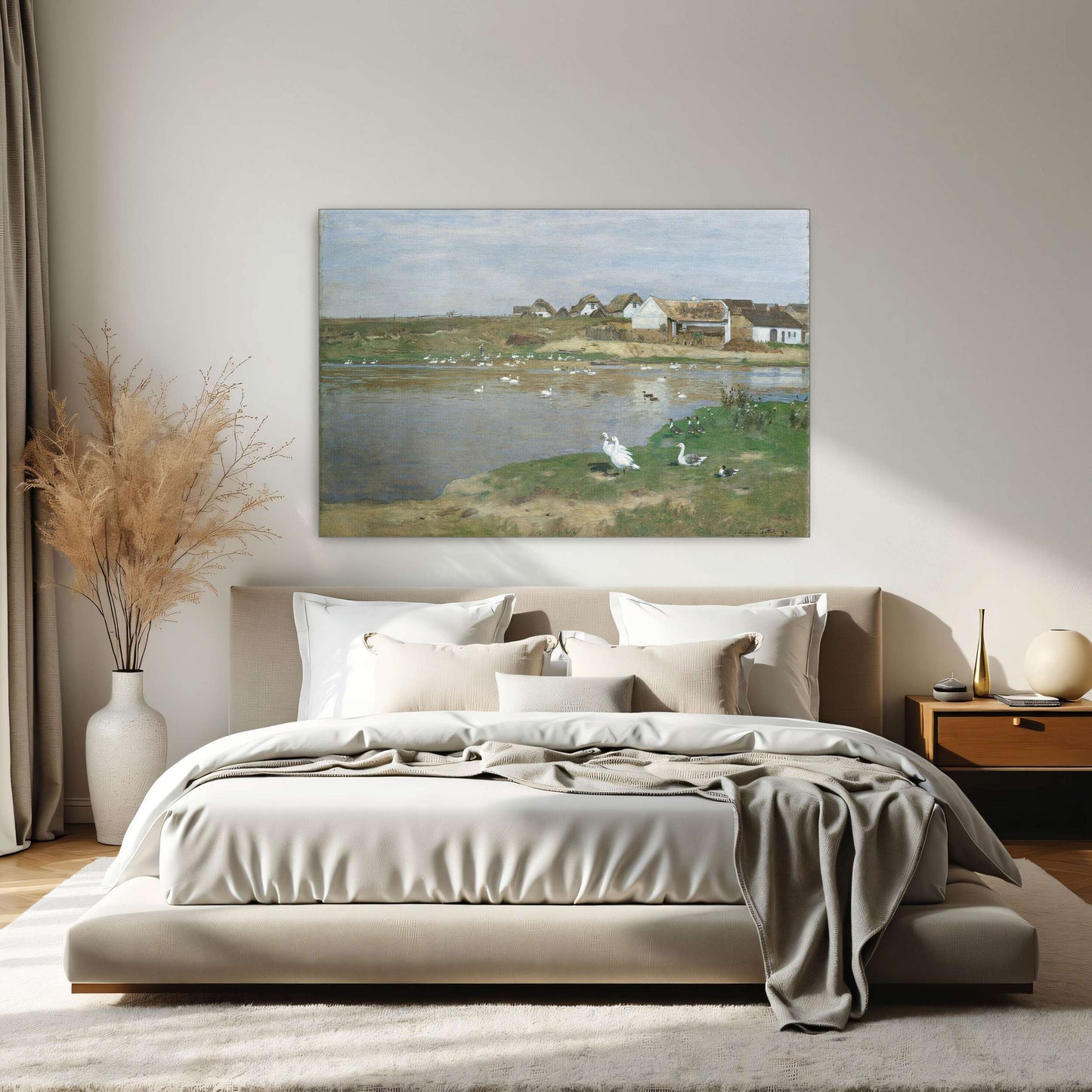 Village with geese on a lake by Eugen Jettel