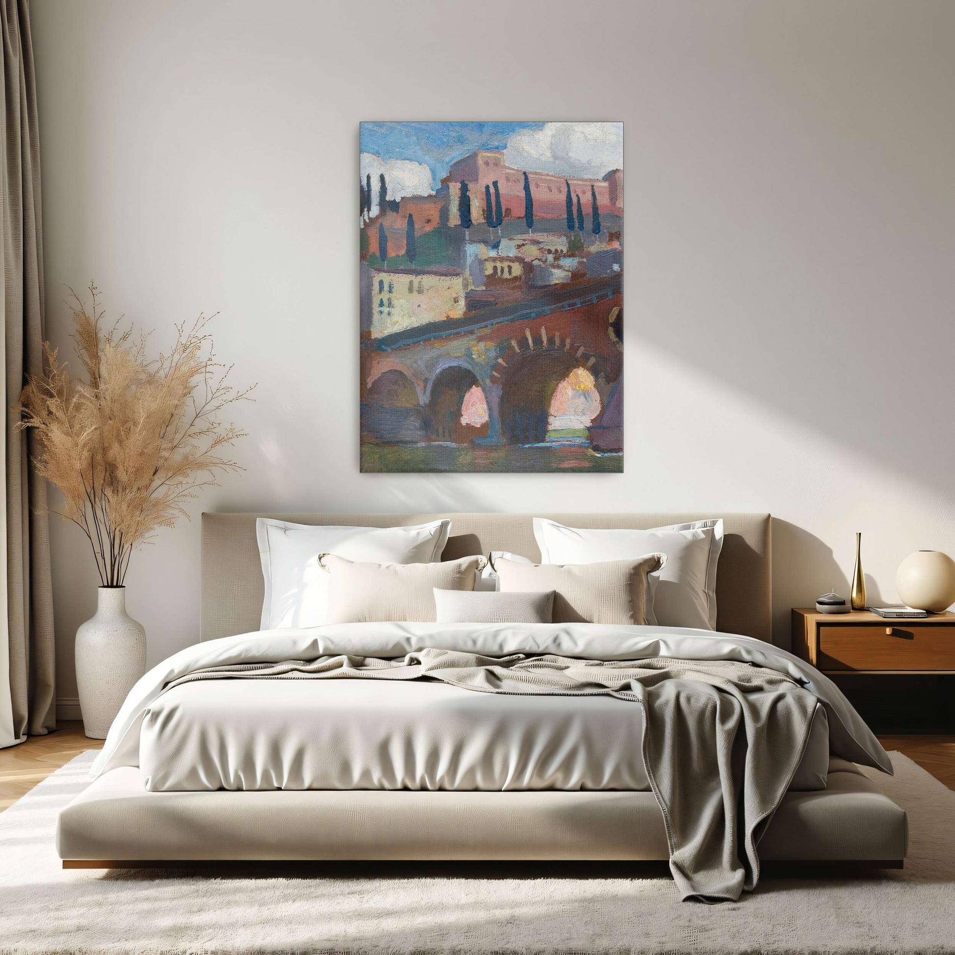 Cityscape with bridge and cypress trees by Jan Stanislawski