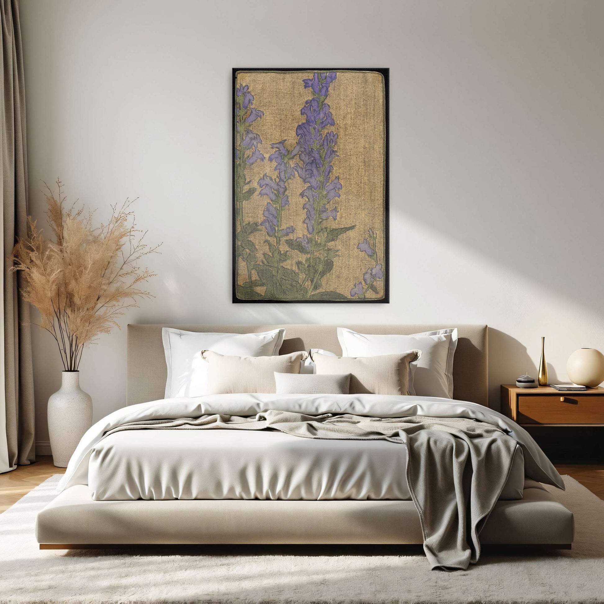 Purple flowers on beige background by Hannah Borger Overbeck