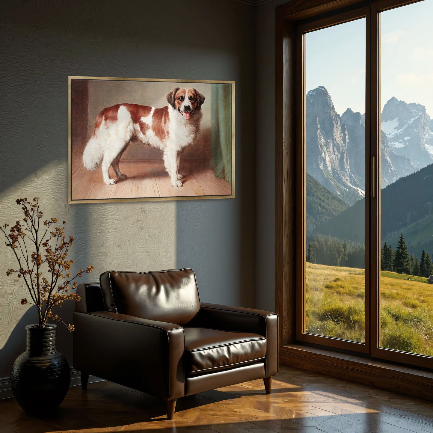 St. Bernard Dog Portrait, Standing, Indoor Setting By Carl Reichert