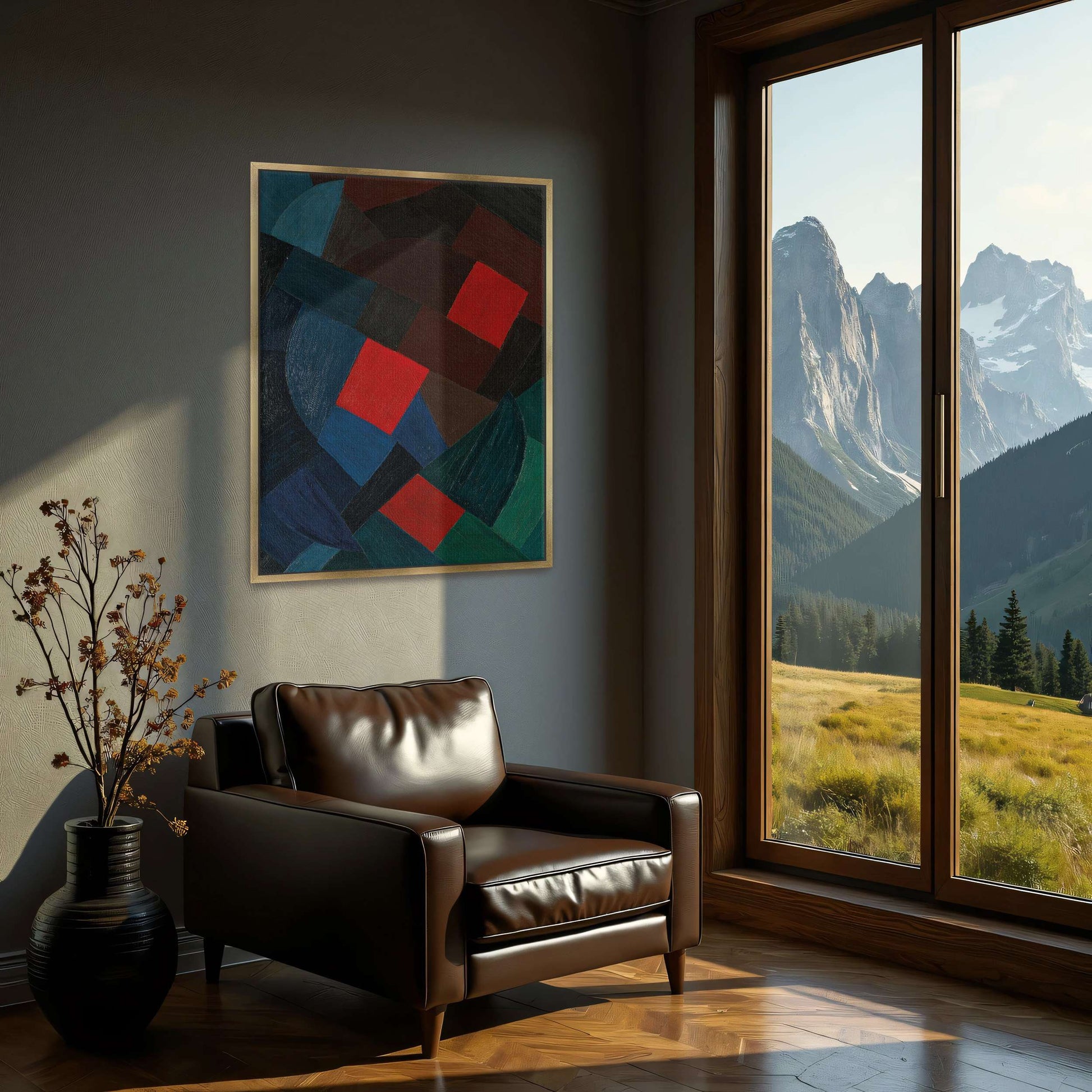 Abstract geometric painting with red squares by Otto Freundlich