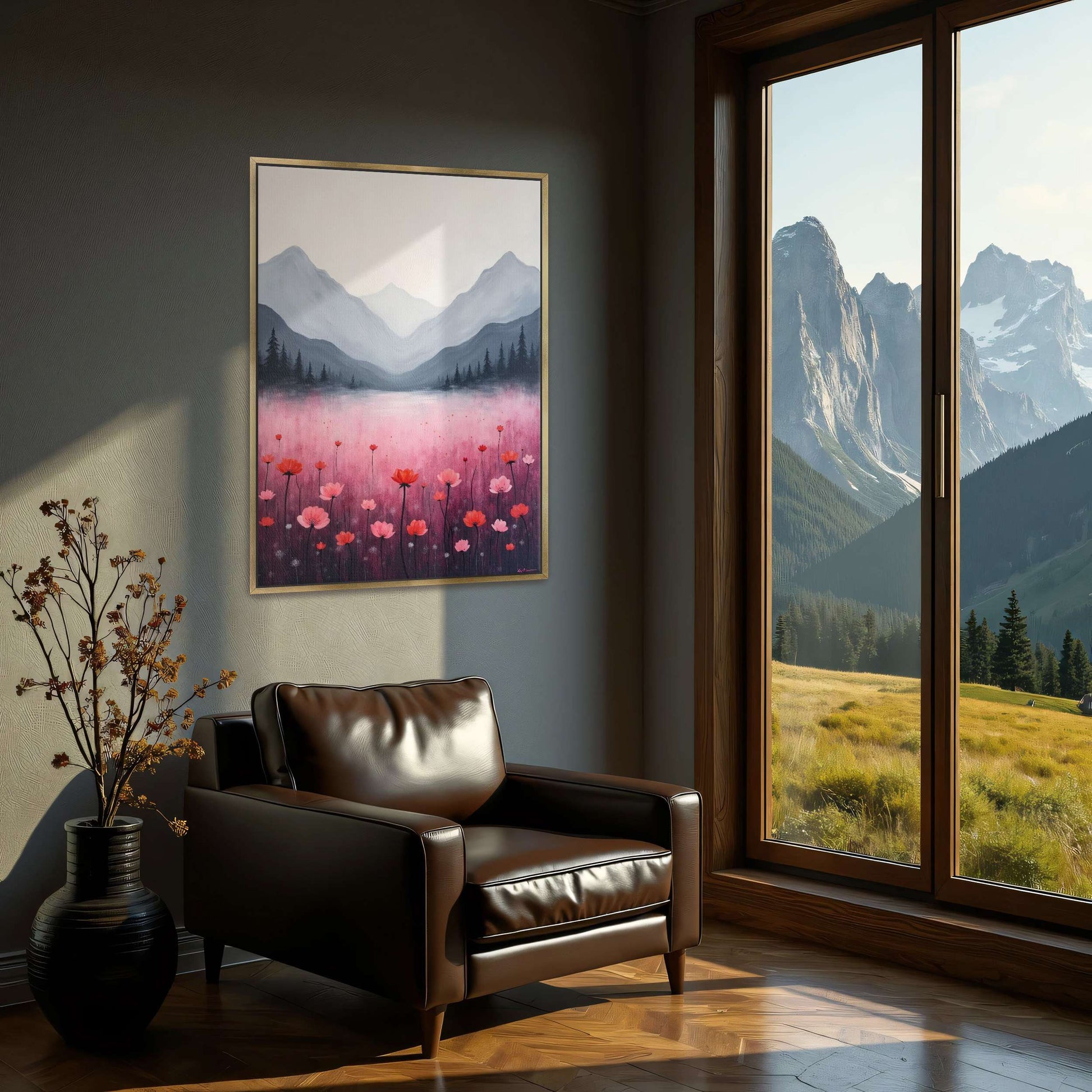 Mountain Landscape With Pink Flowers By Yara Rabibzad