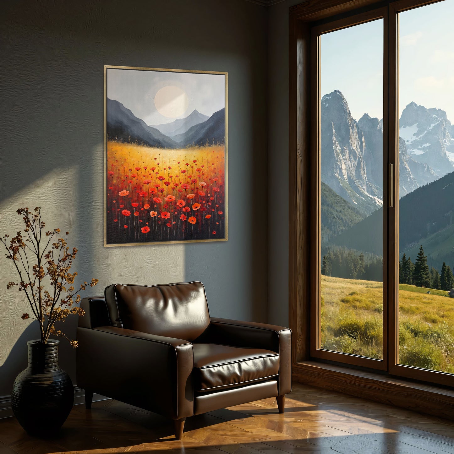 Poppies In A Field With Mountains And Moon By Yara Rabibzad