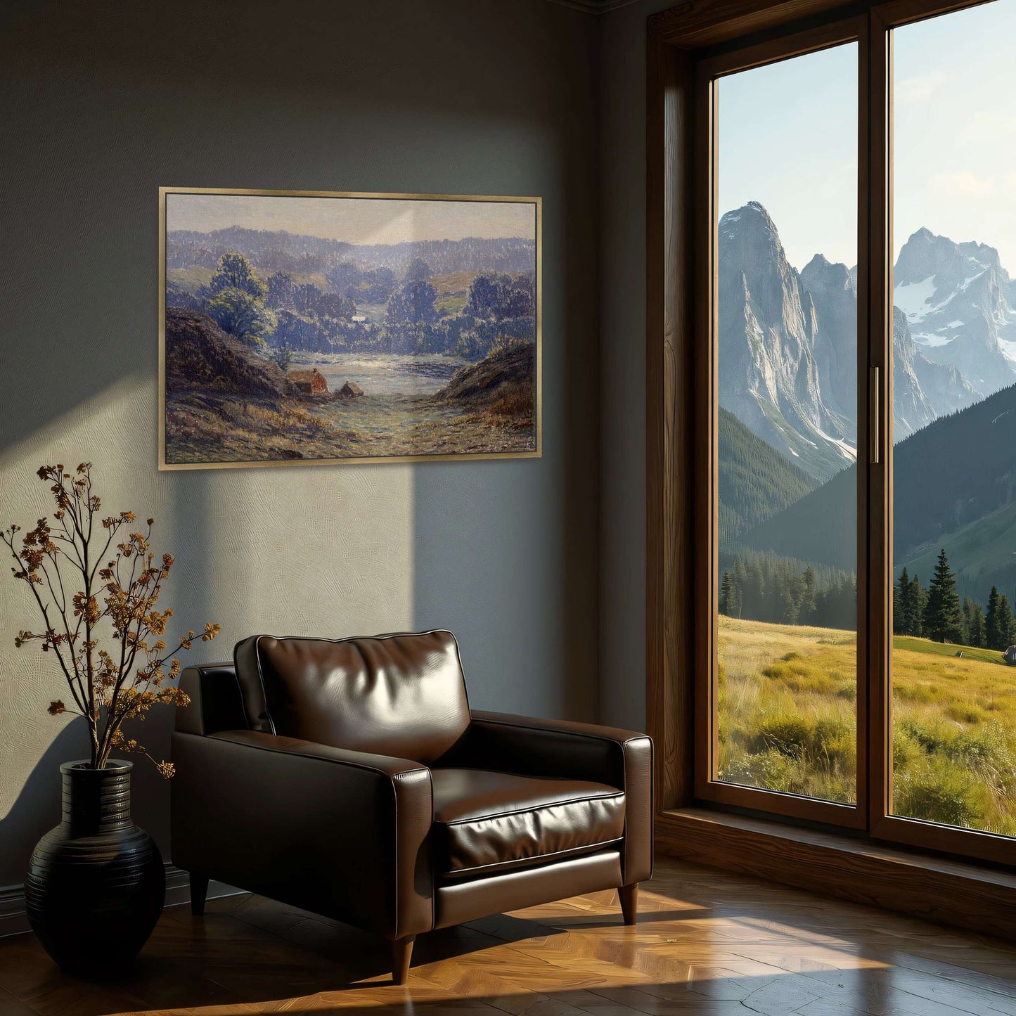 A landscape with a house in a valley by Leonard Ochtman