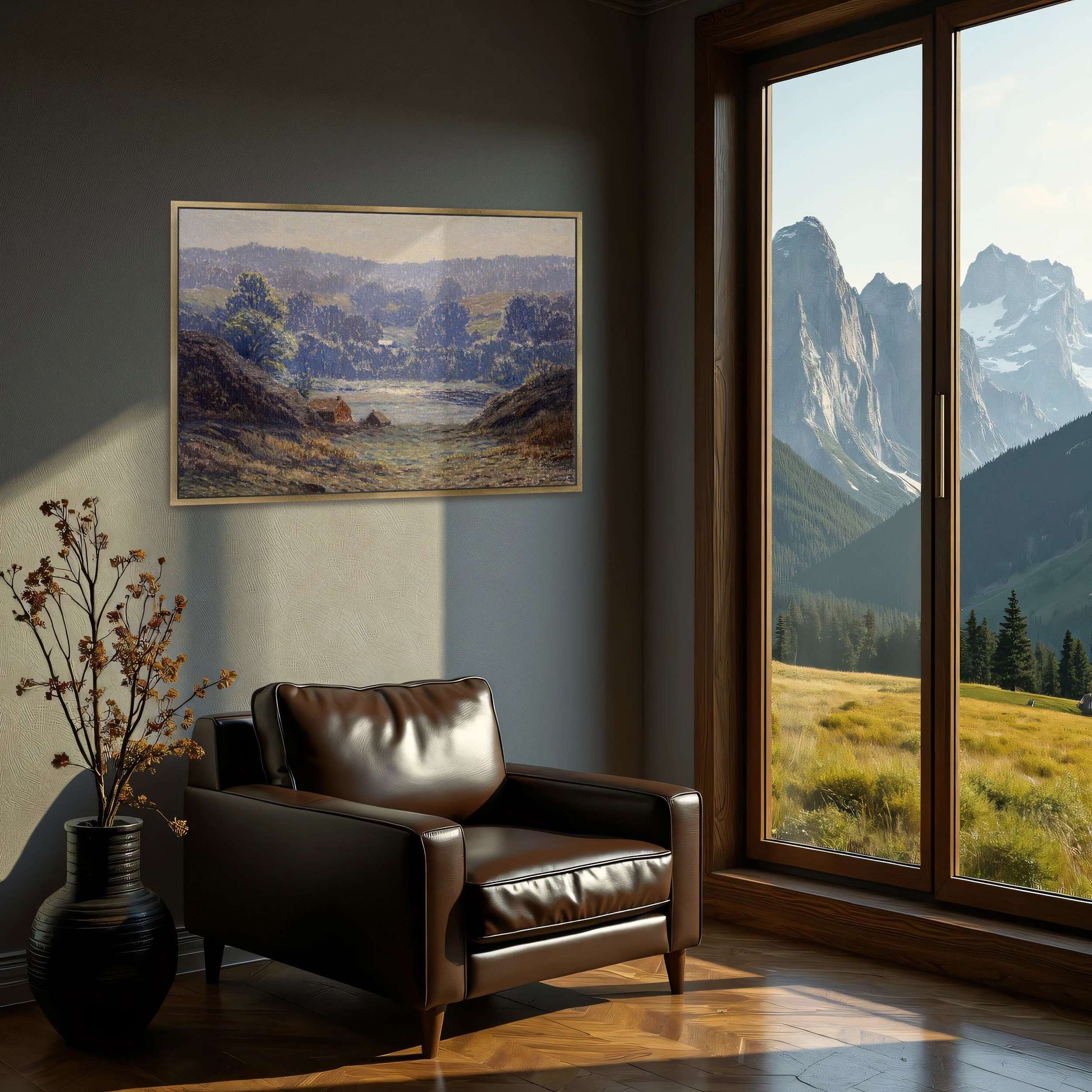 A landscape with a house in a valley by Leonard Ochtman