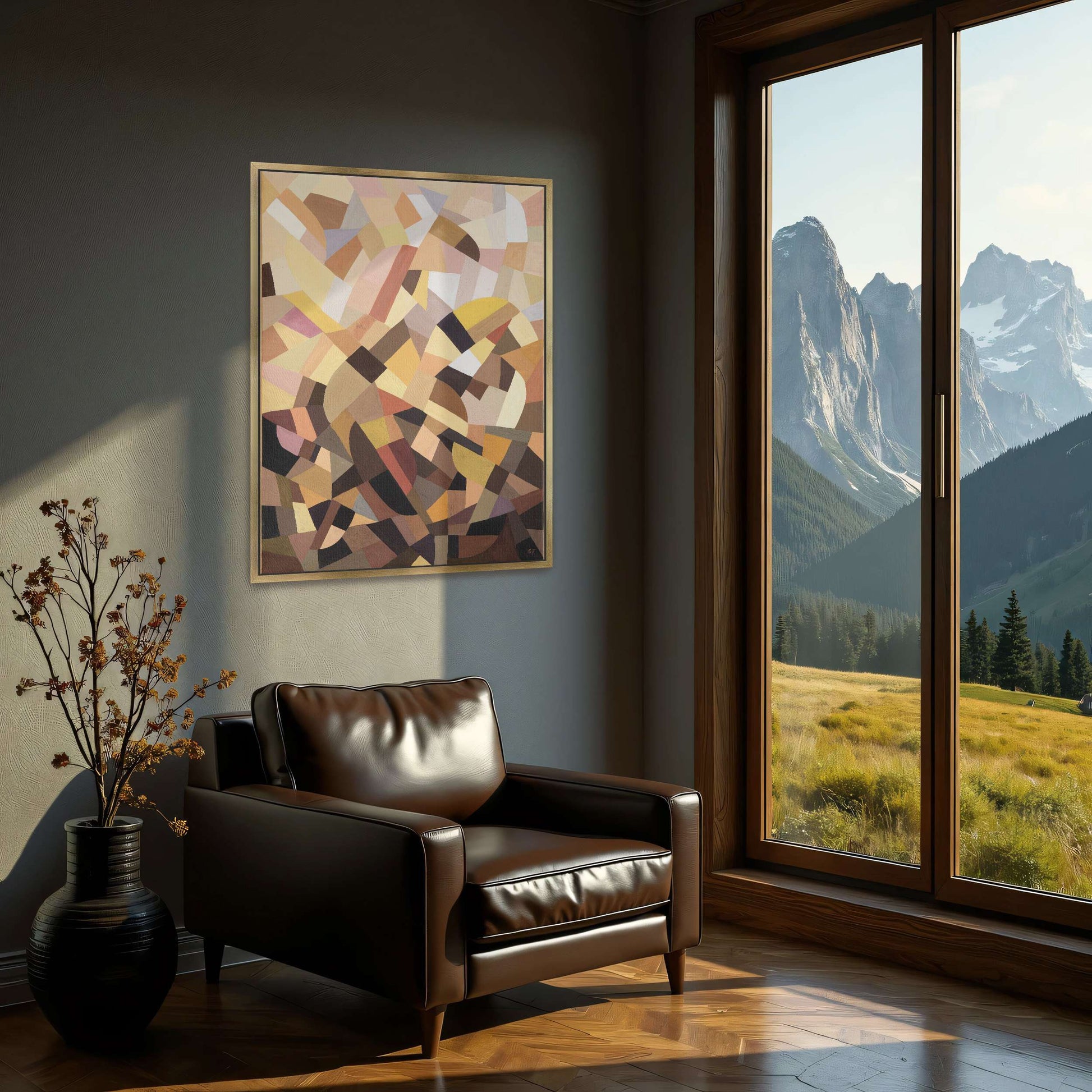 Abstract geometric painting with brown, yellow, and pink shapes by Otto Freundlich