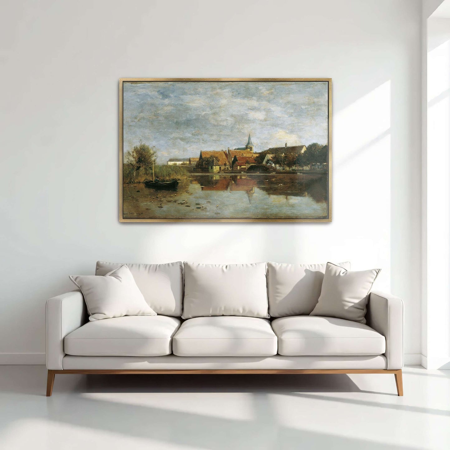 A village by a lake with a boat by Eugen Jettel