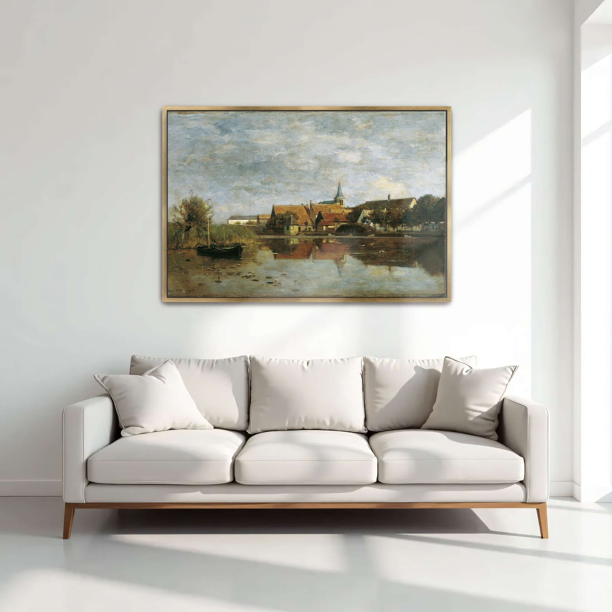A village by a lake with a boat by Eugen Jettel