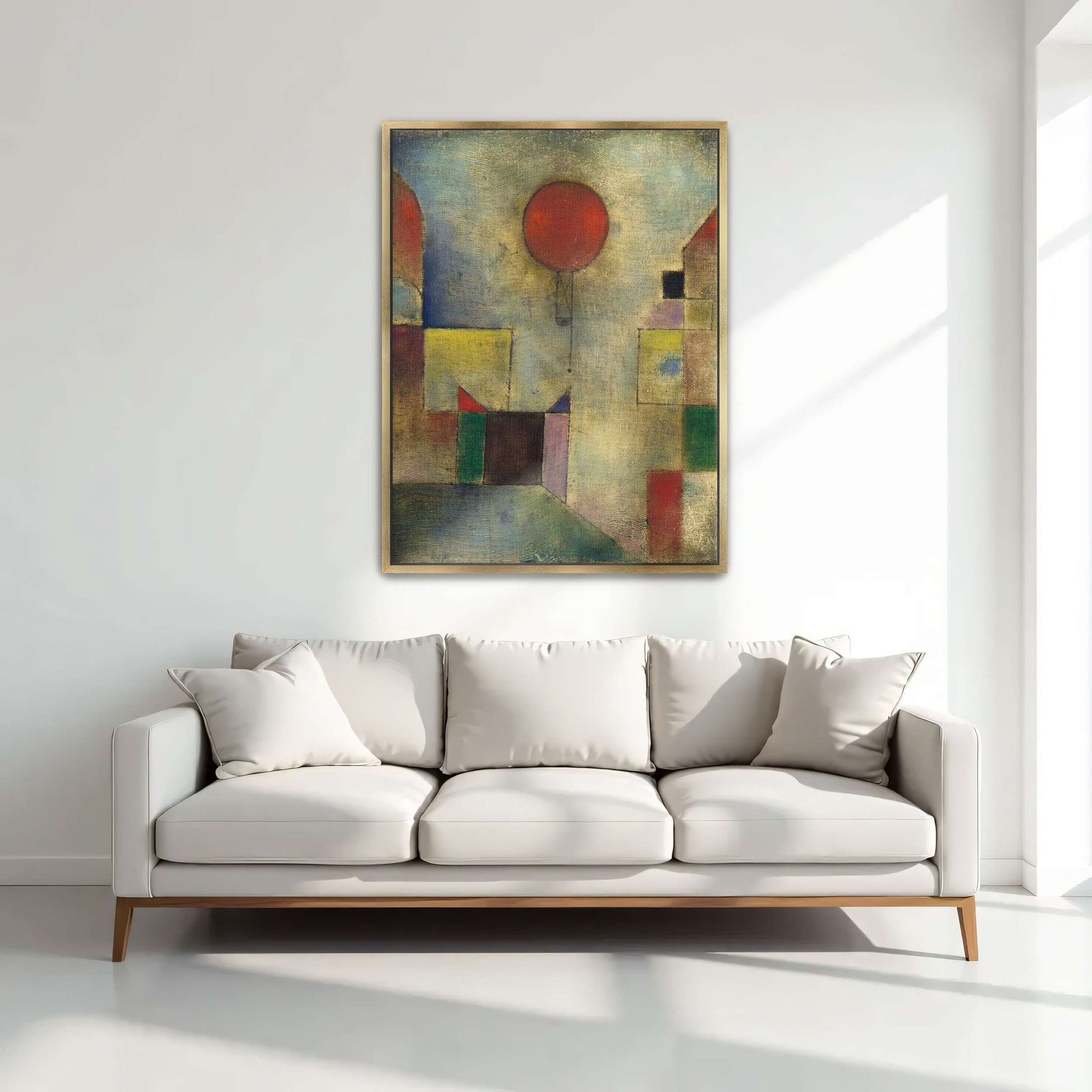 Red balloon floating above geometric shapes by Paul Klee