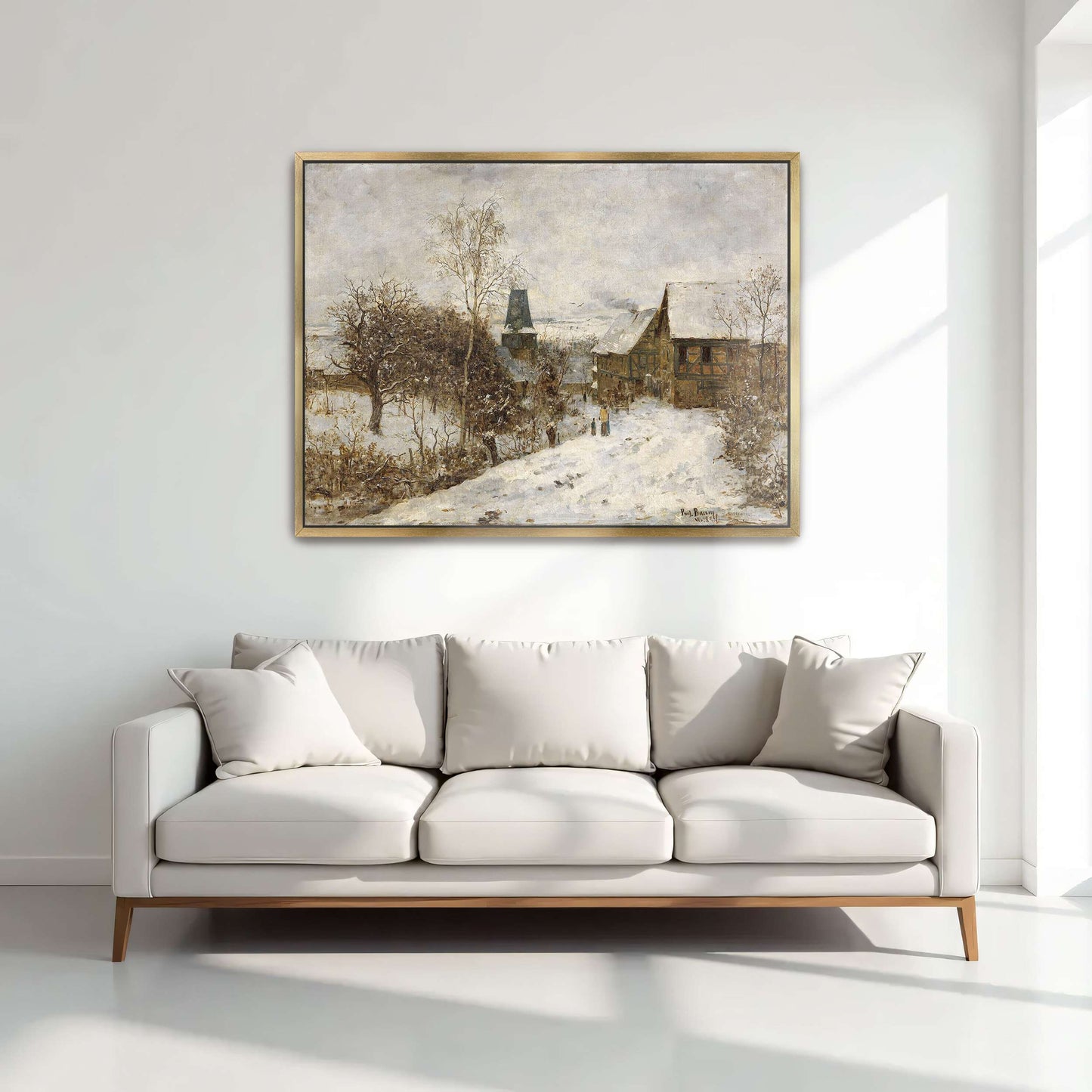 Snowy village scene with houses by Paul Baum
