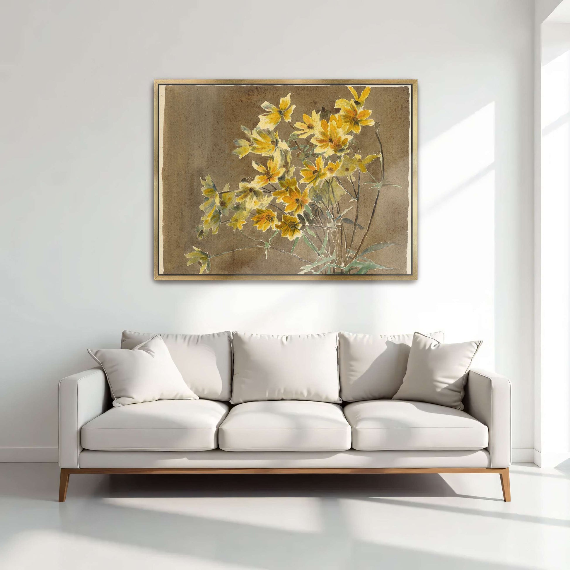 Yellow flowers on brown background by Hannah Borger Overbeck