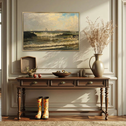 Sailboats on a choppy sea with a rocky shore by Alfred Thompson Bricher
