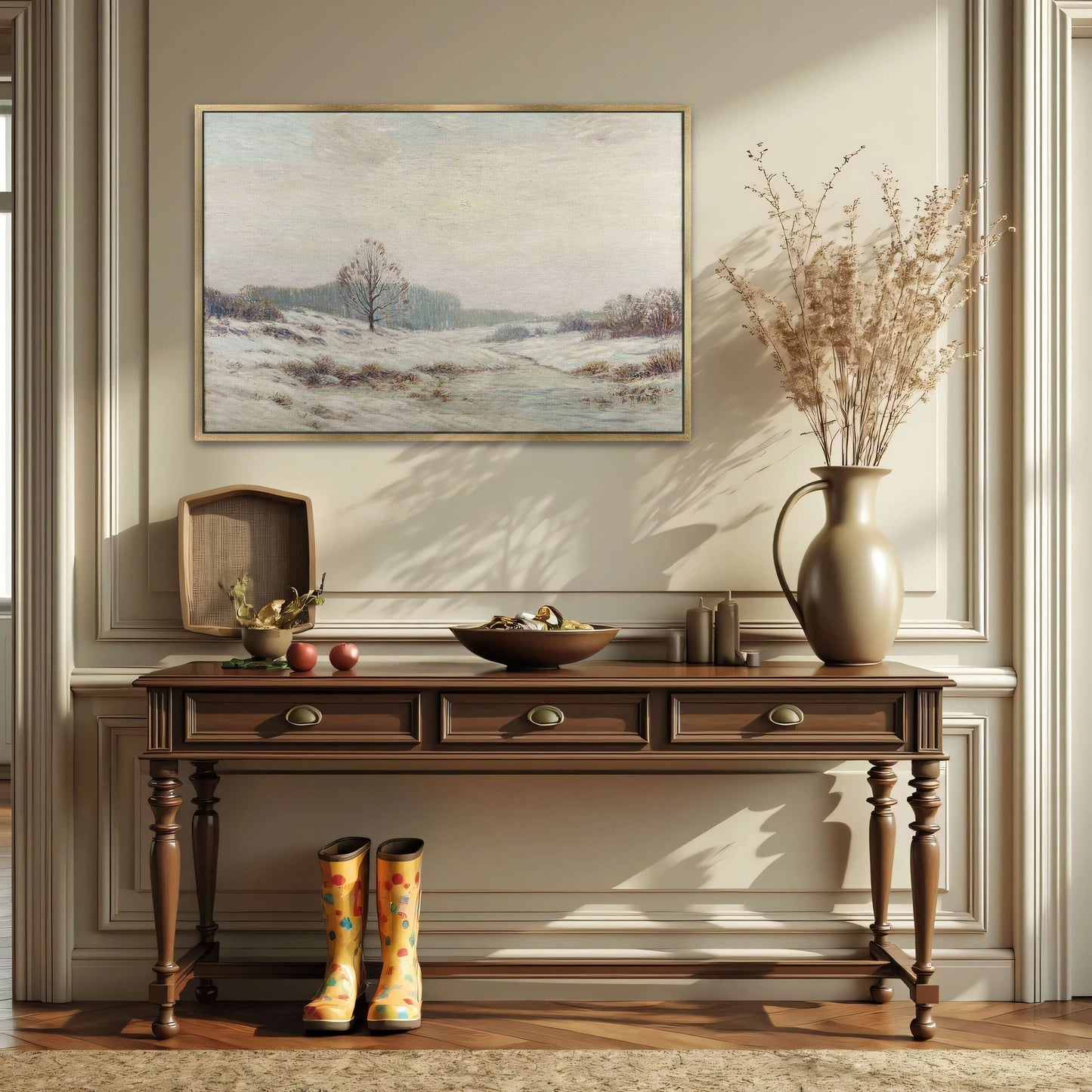 Snowy winter landscape with a lone tree by Leonard Ochtman