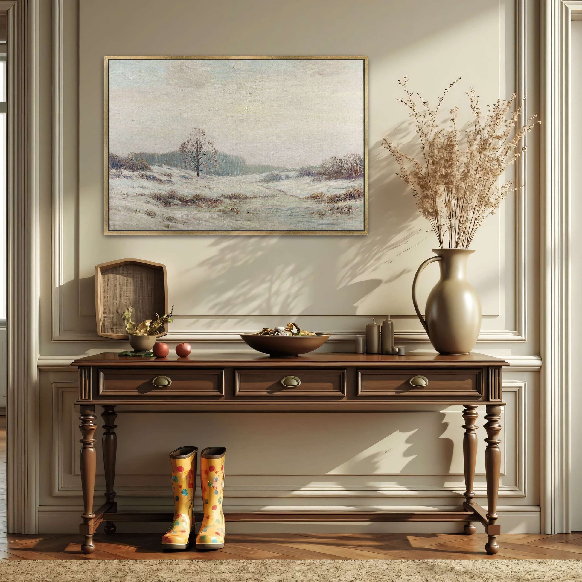 Snowy winter landscape with a lone tree by Leonard Ochtman