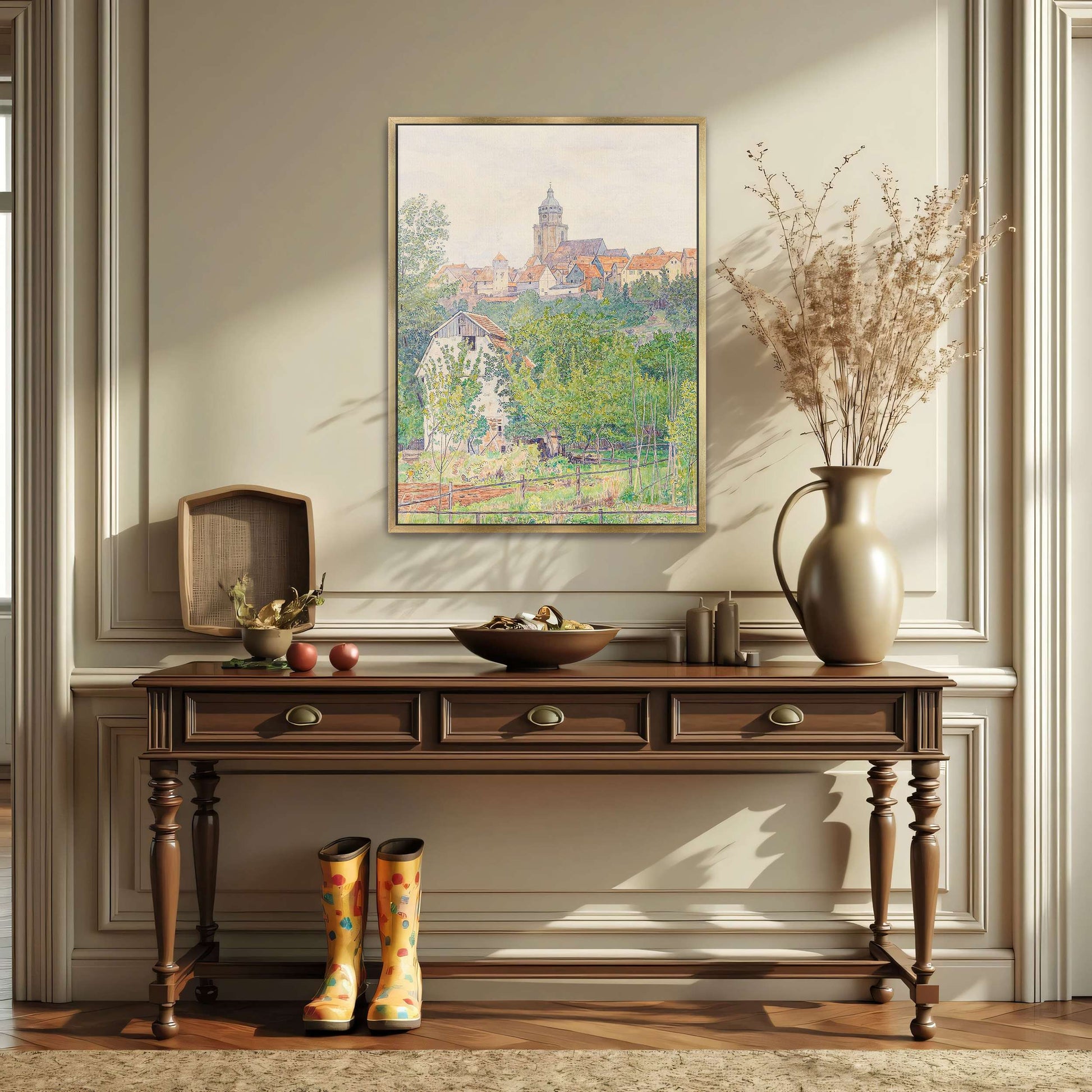 Village landscape with church tower by Paul Baum