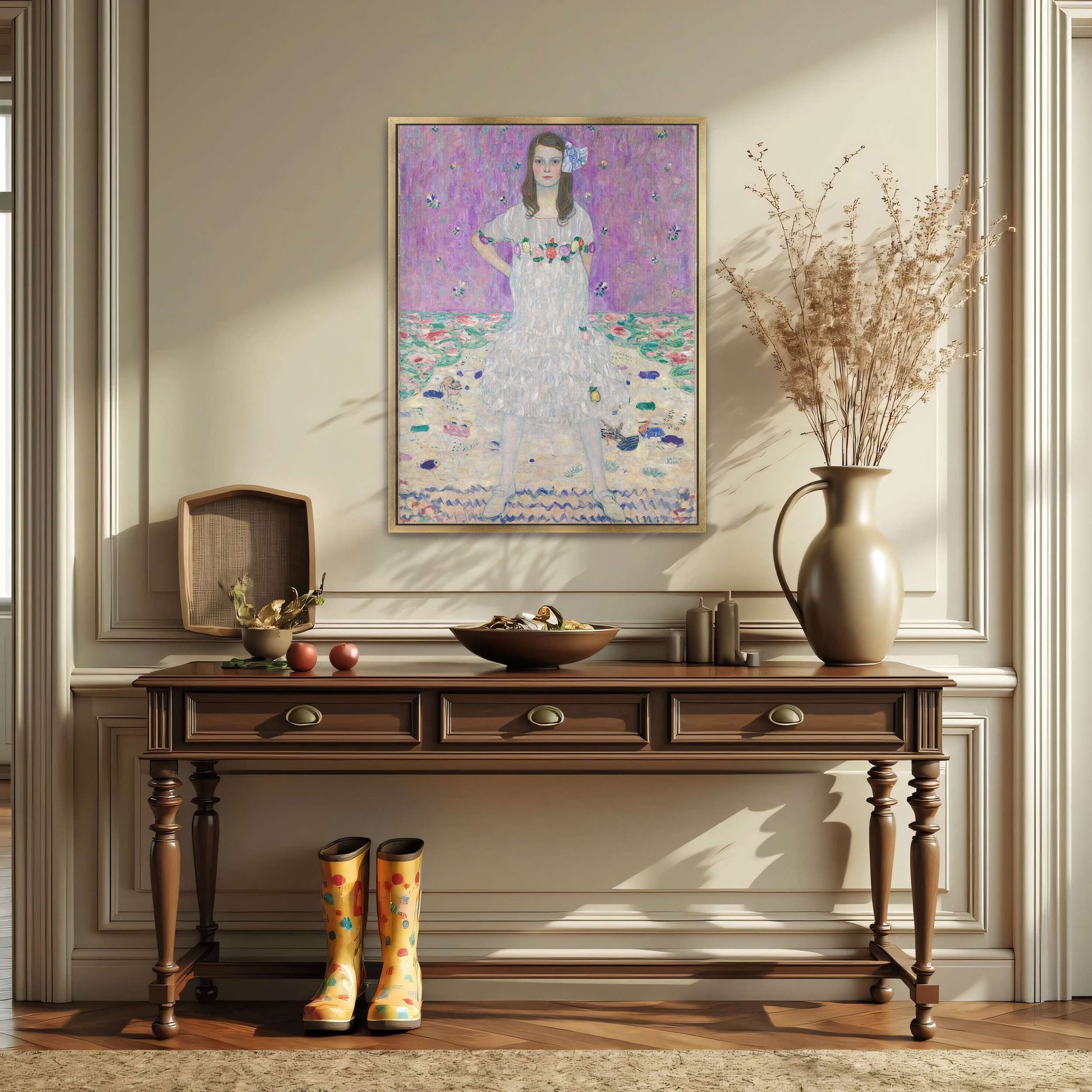 Young girl in white dress, floral background by Gustav Klimt