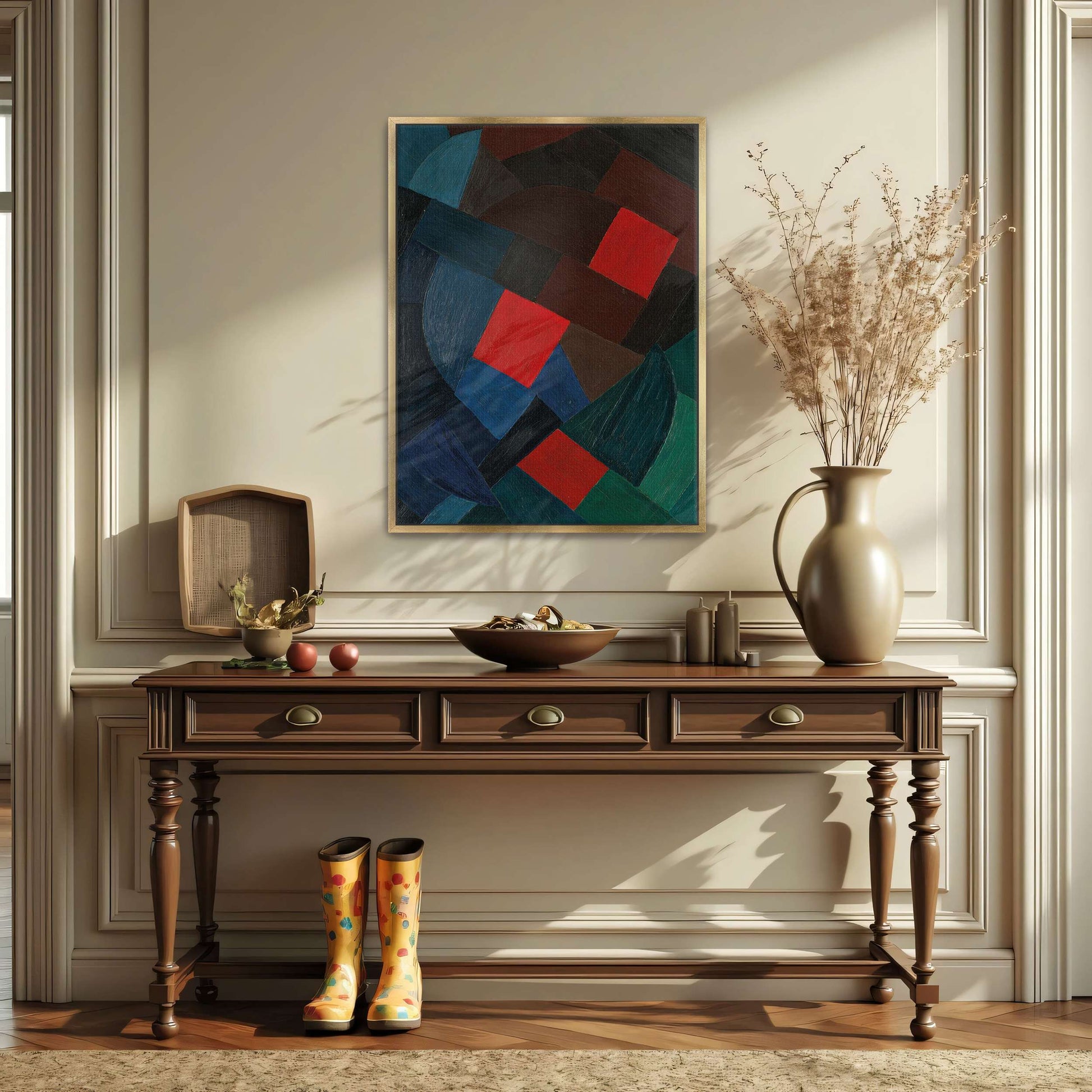 Abstract geometric painting with red squares by Otto Freundlich