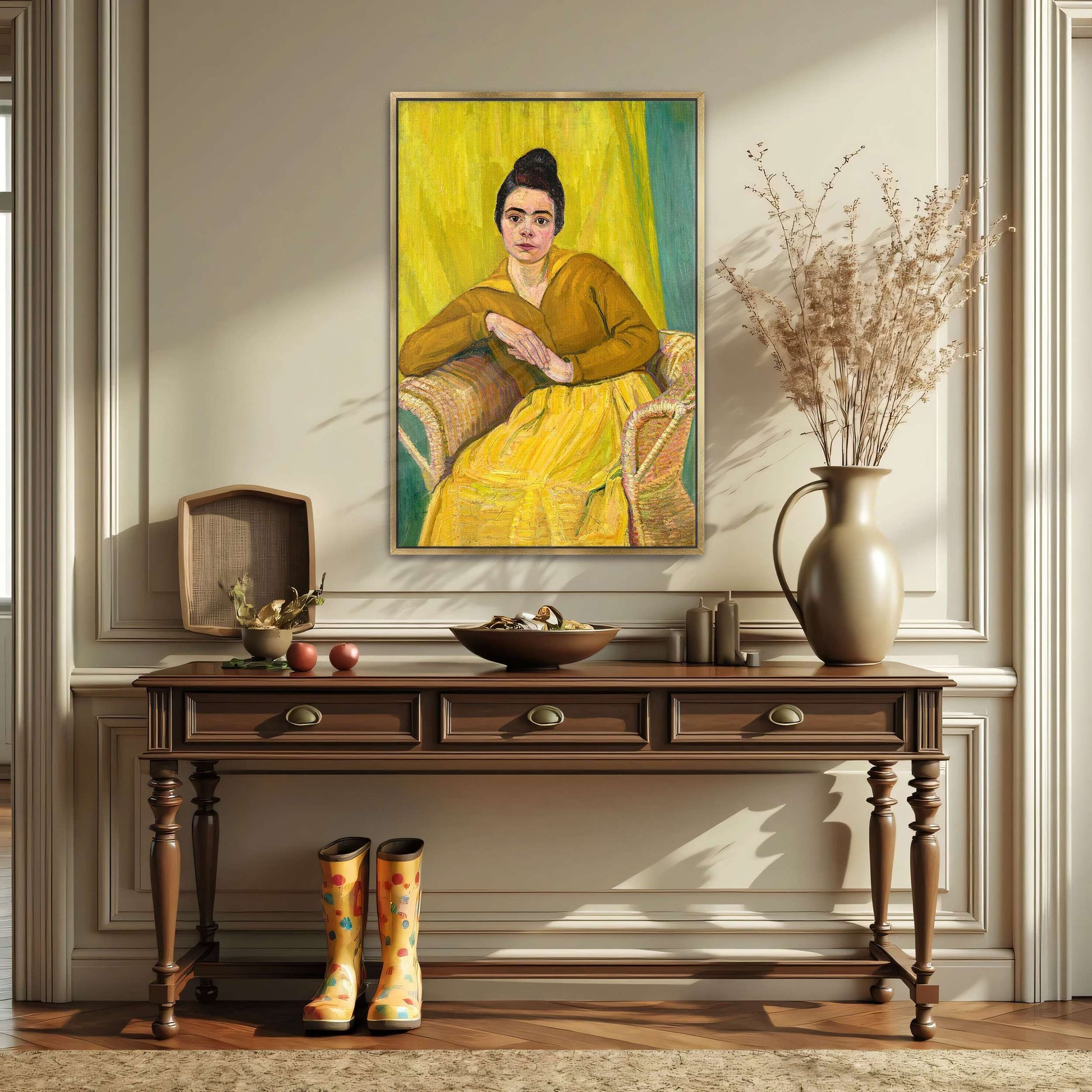 Woman in yellow dress, wicker chair by Koloman Moser