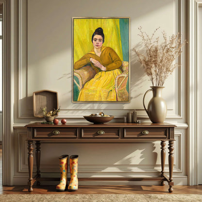 Woman in yellow dress, wicker chair by Koloman Moser