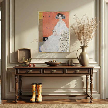 Woman in white dress seated on patterned chair by Gustav Klimt