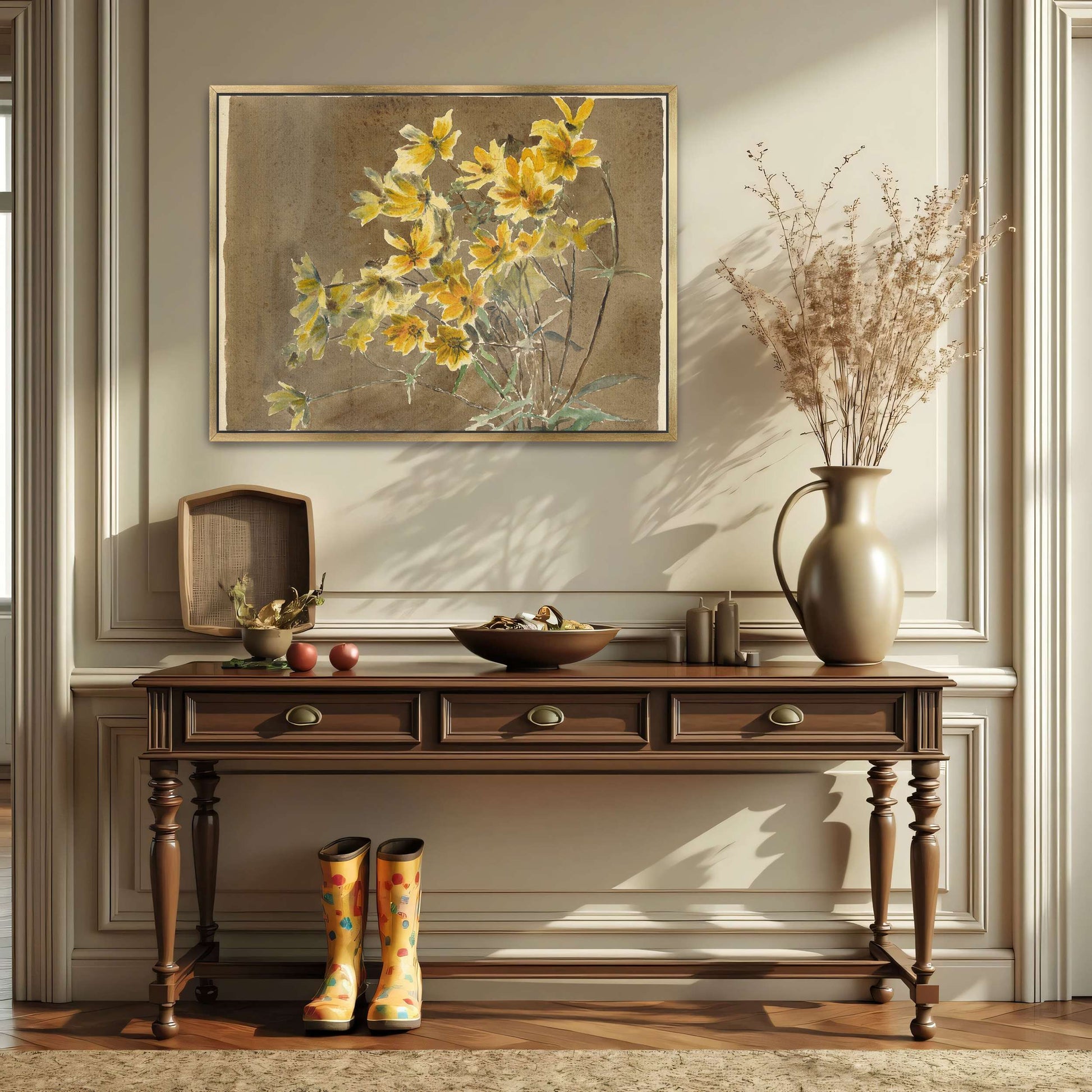 Yellow flowers on brown background by Hannah Borger Overbeck
