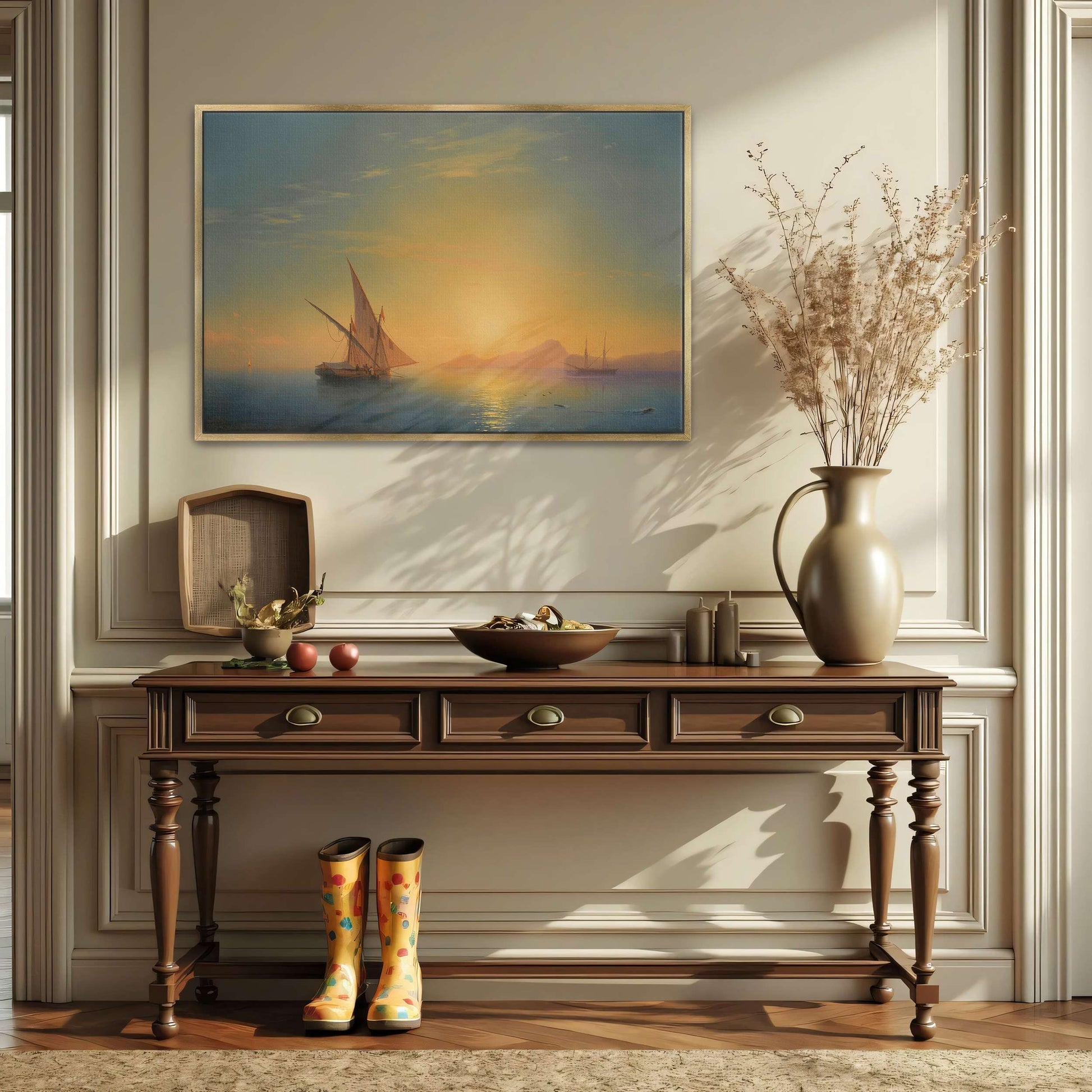 Sailboats at sunset over a calm sea by Ivan Konstantinovich Aivazovsky