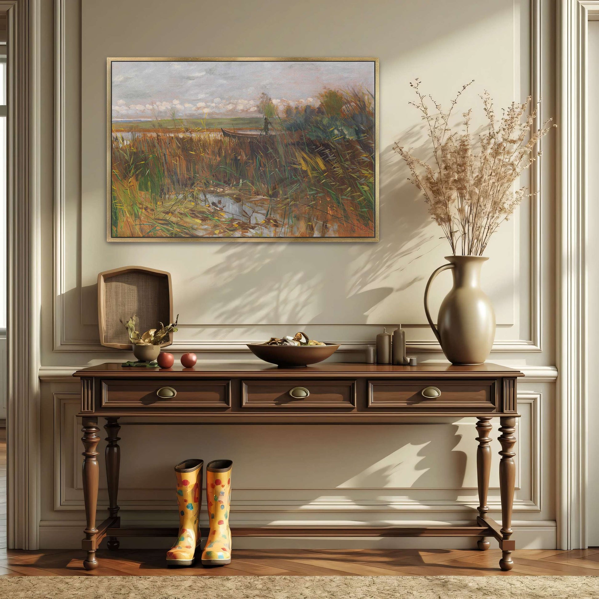 A boat in a marsh with reeds by Karl Hagemeister