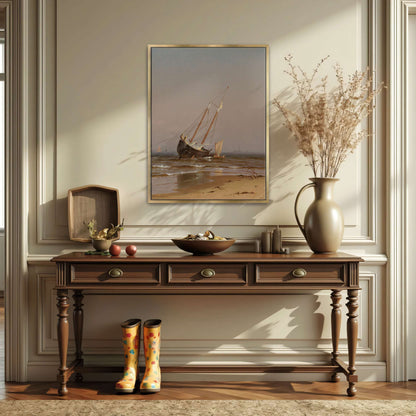 Beached Sailing Ship On Sandy Shore With Calm Water By Alfred Thompson Bricher