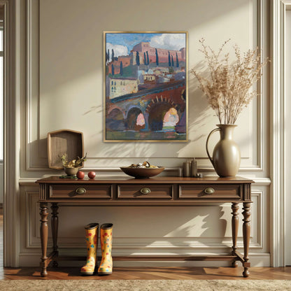 Cityscape with bridge and cypress trees by Jan Stanislawski