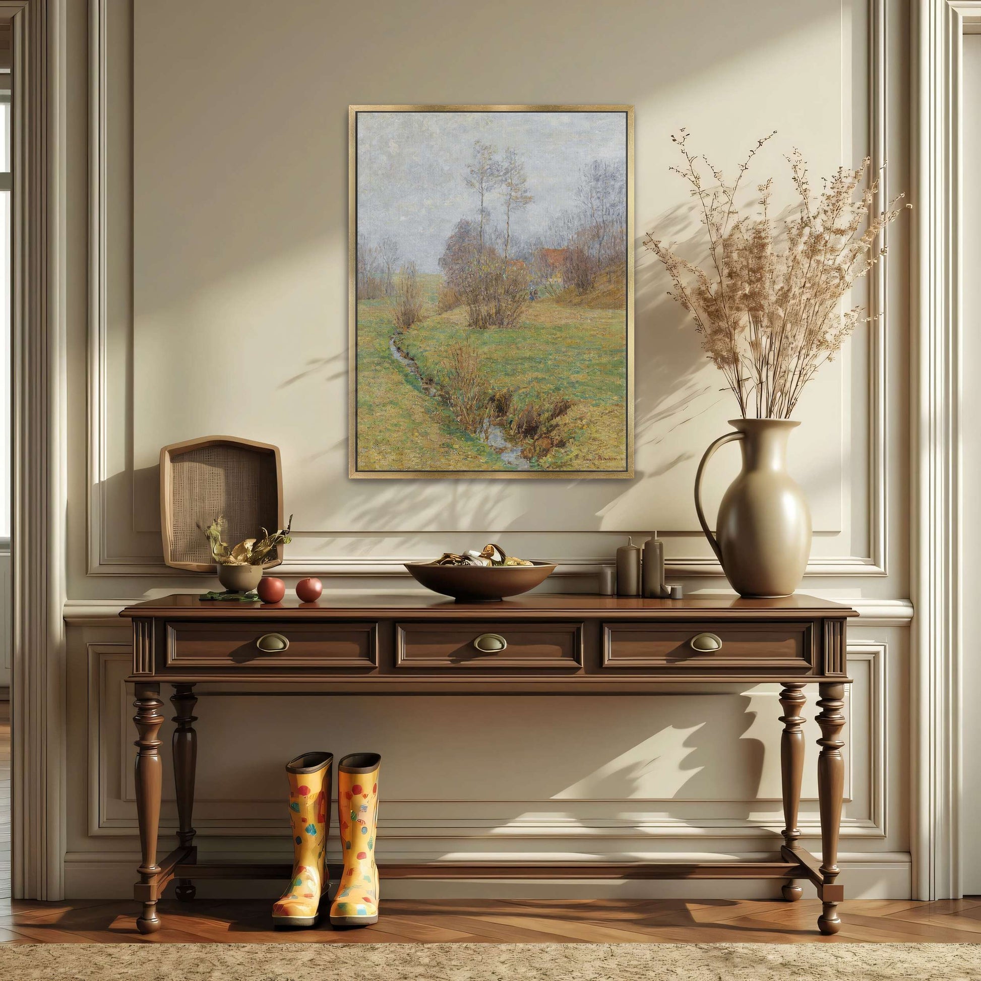 A stream flows through a grassy field by Paul Baum